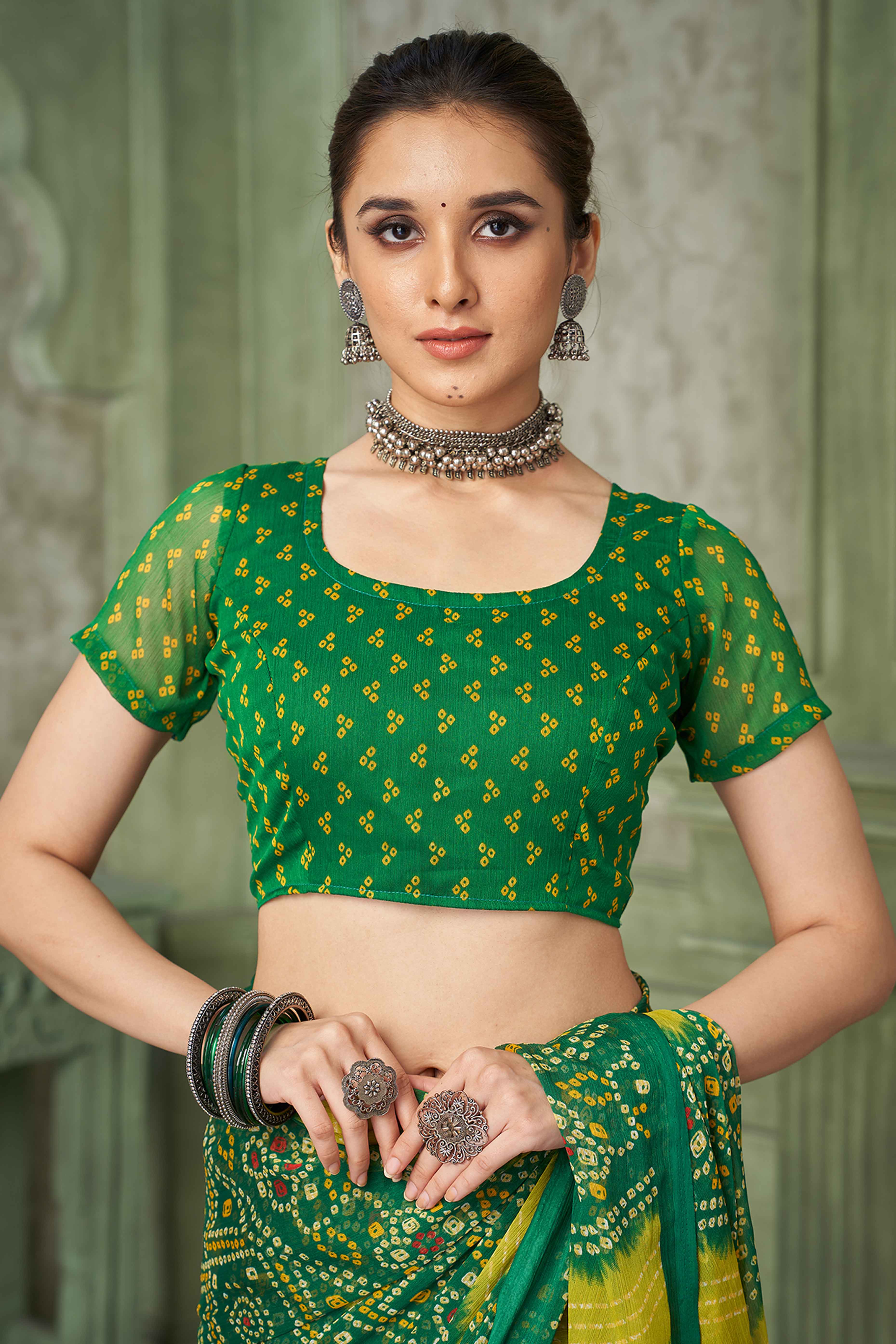 Green Chiffon Saree Adorned With Traditional Bandhani Print