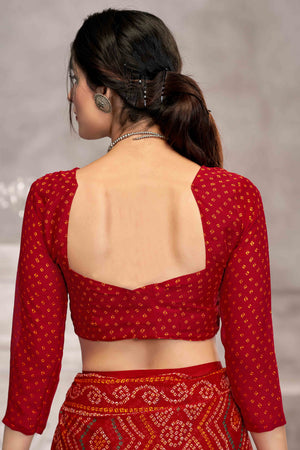 Red Chiffon Saree Features Bandhani Print for Casual Occasion