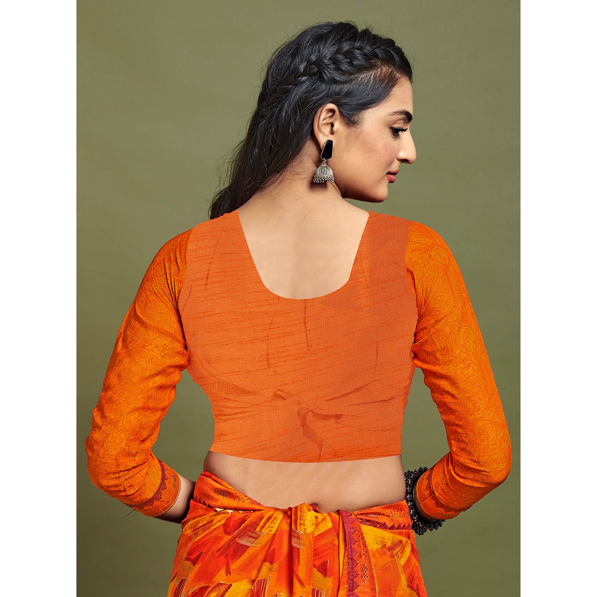 Orange Geometric Printed Chiffon Saree