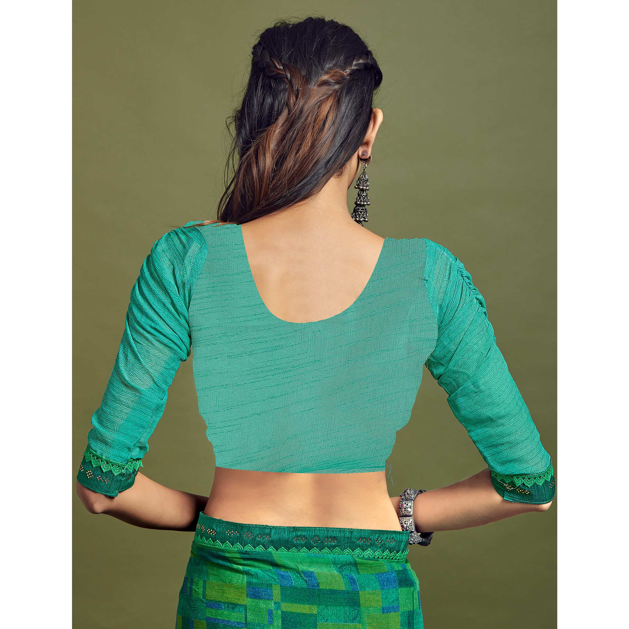 Green Geometric Printed Chiffon Saree