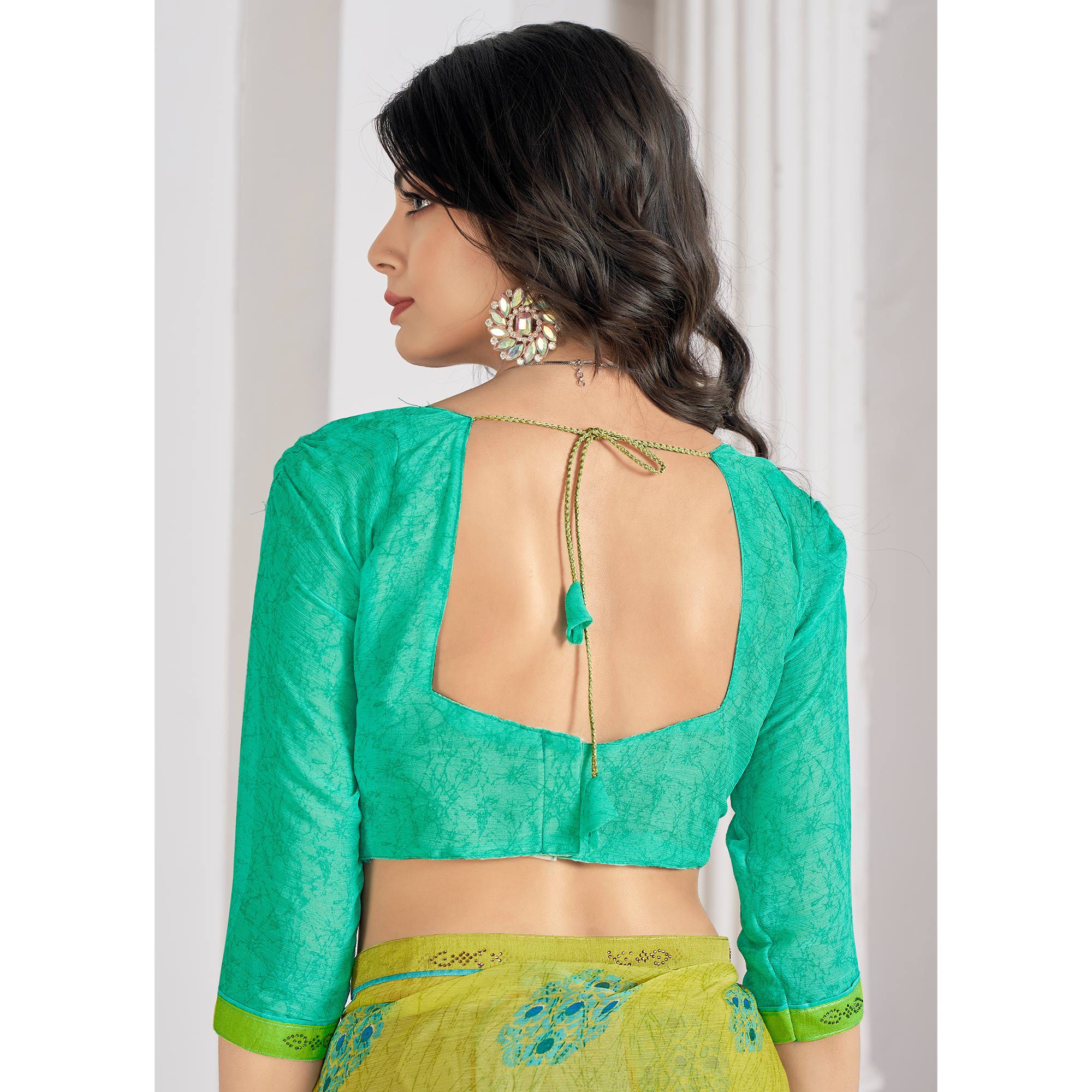 Lemon Green Printed With Swarovski Chiffon Saree