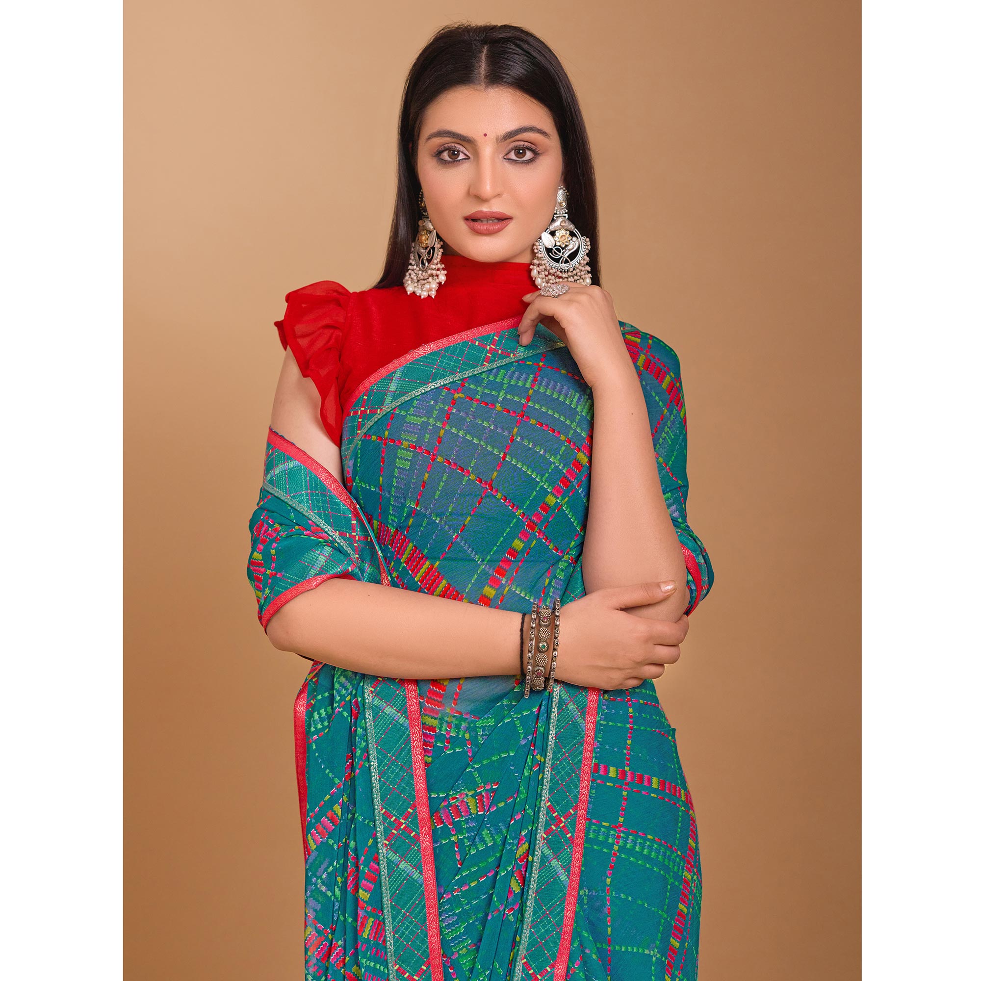 Teal Geometric Printed Chiffon Saree