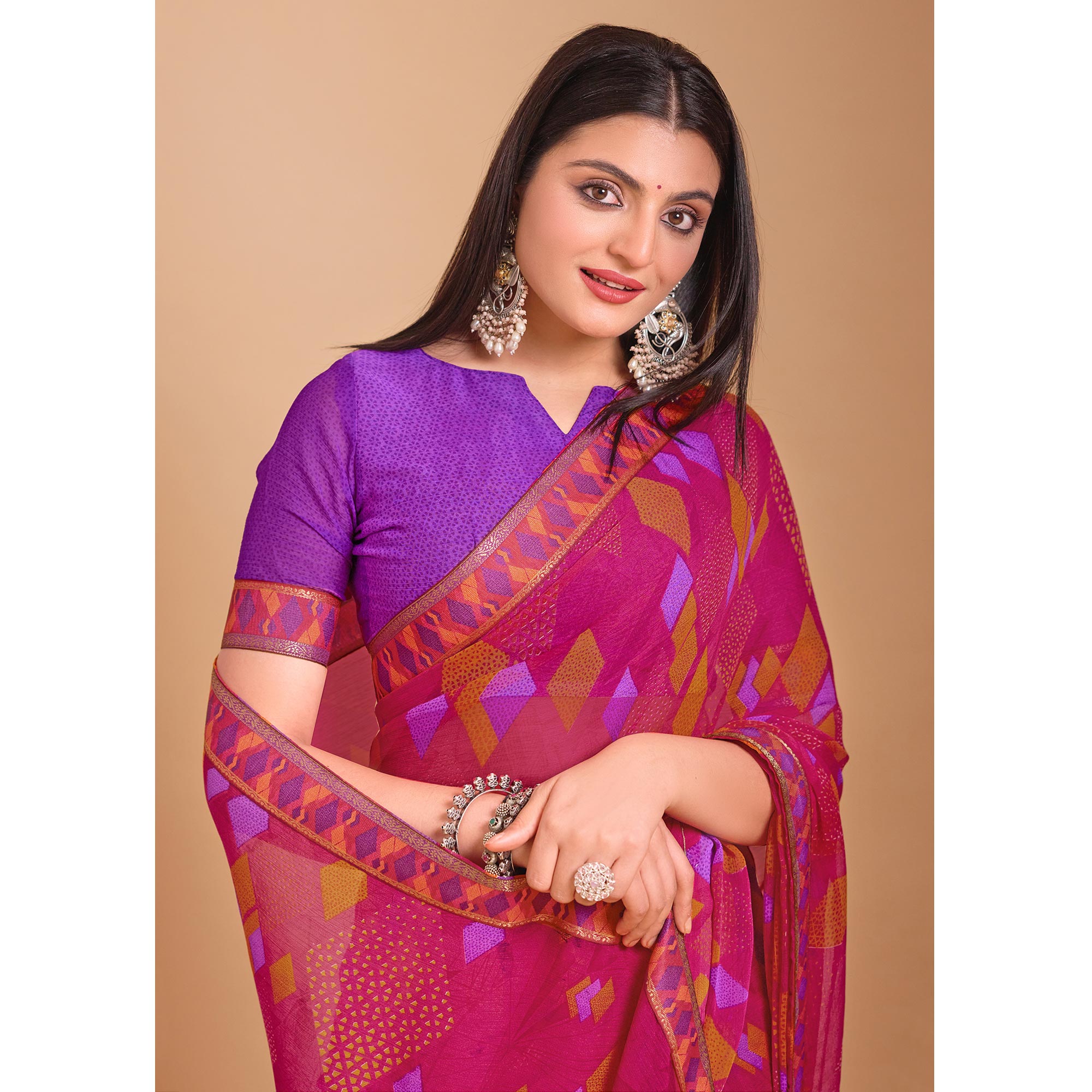 Pink Geometric Printed Chiffon Saree