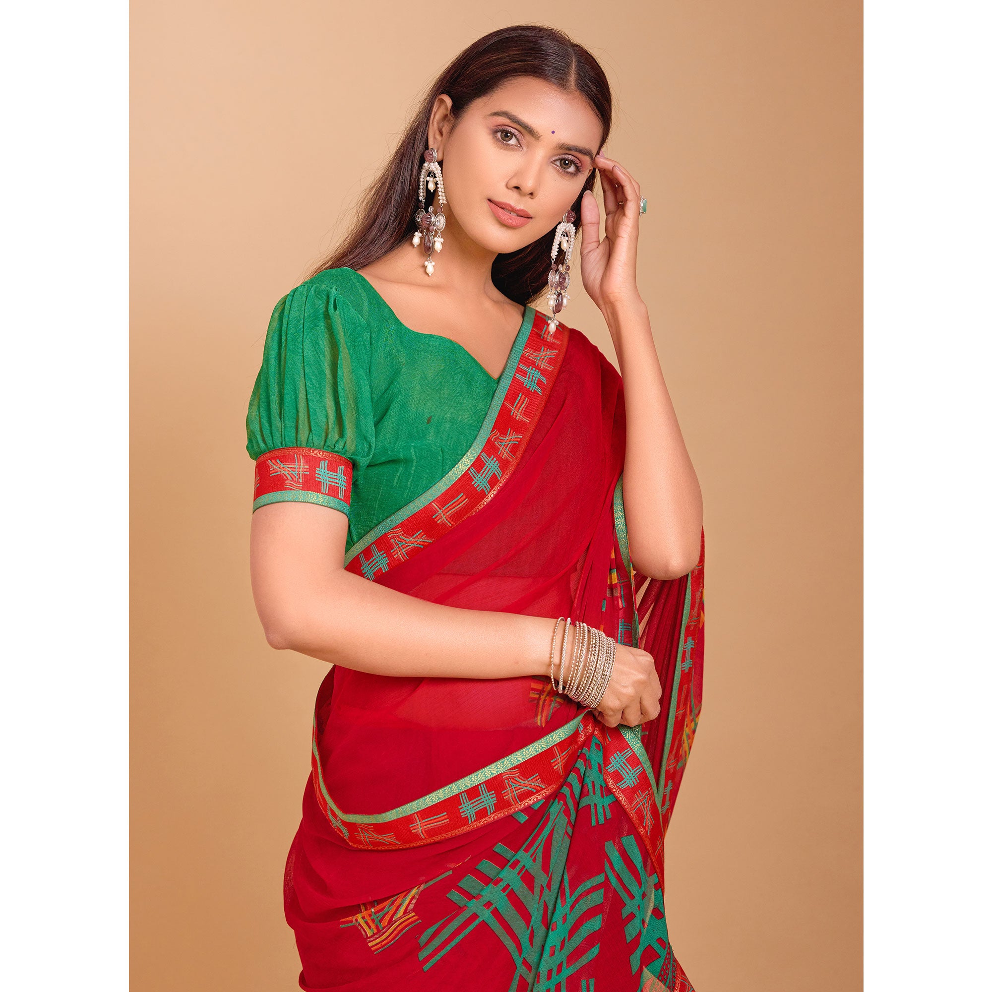 Red Geometric Printed Chiffon Saree
