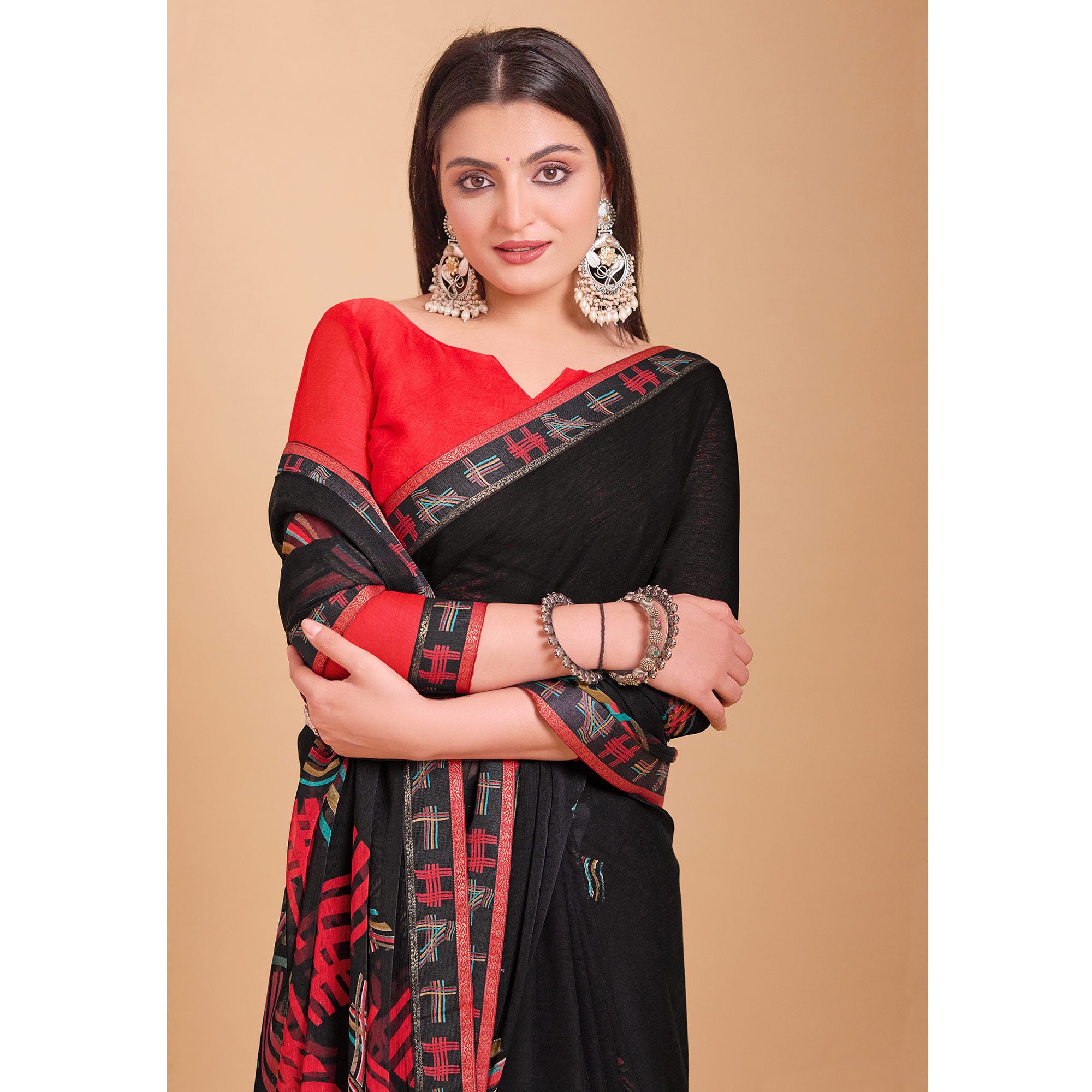 Black Geometric Printed Chiffon Saree