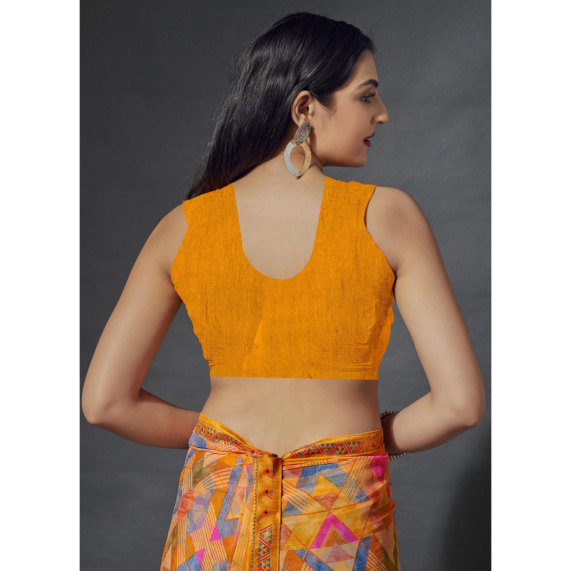 Mustard Printed Chiffon Saree With Lace Border