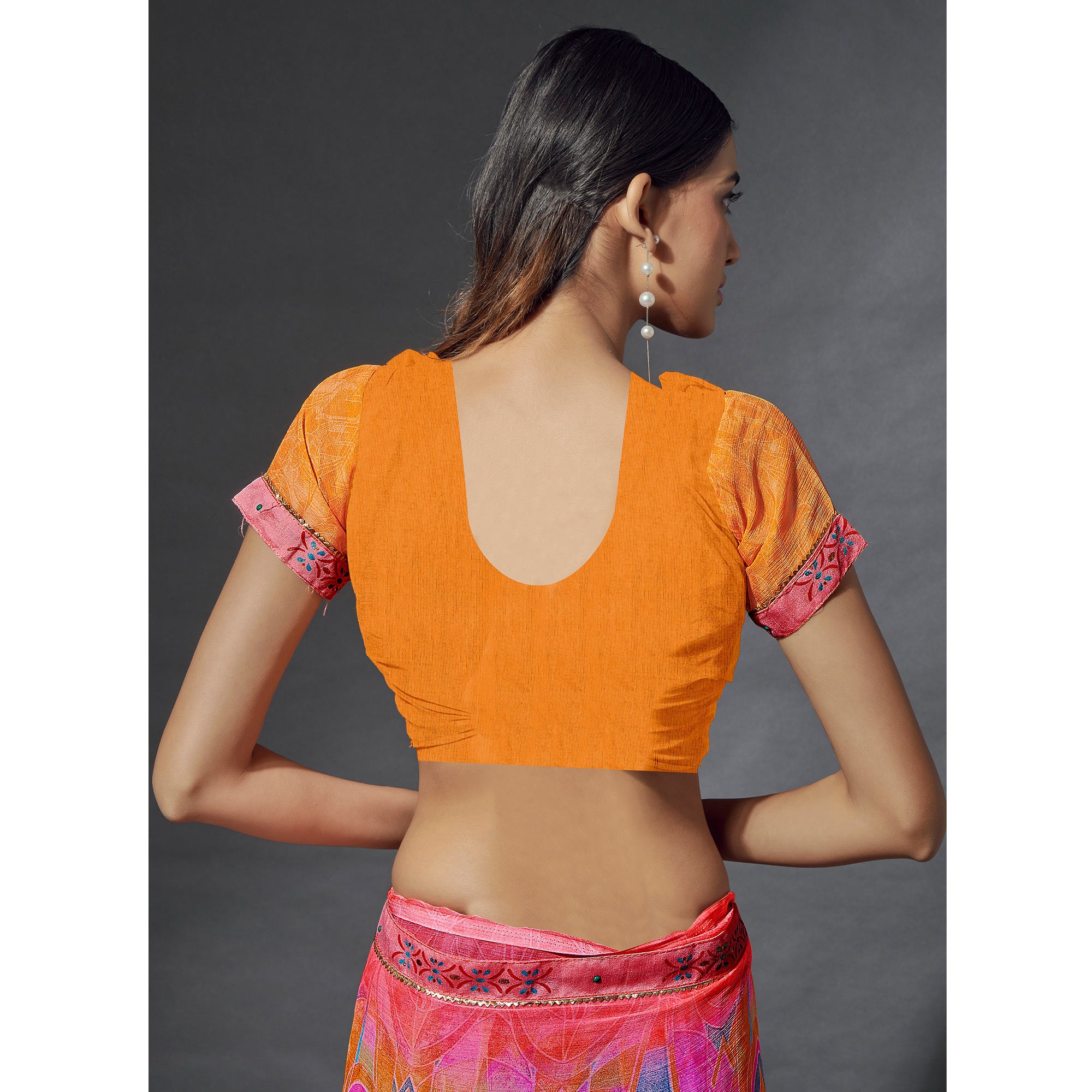 Pink & Orange Printed Chiffon Saree With Lace Border