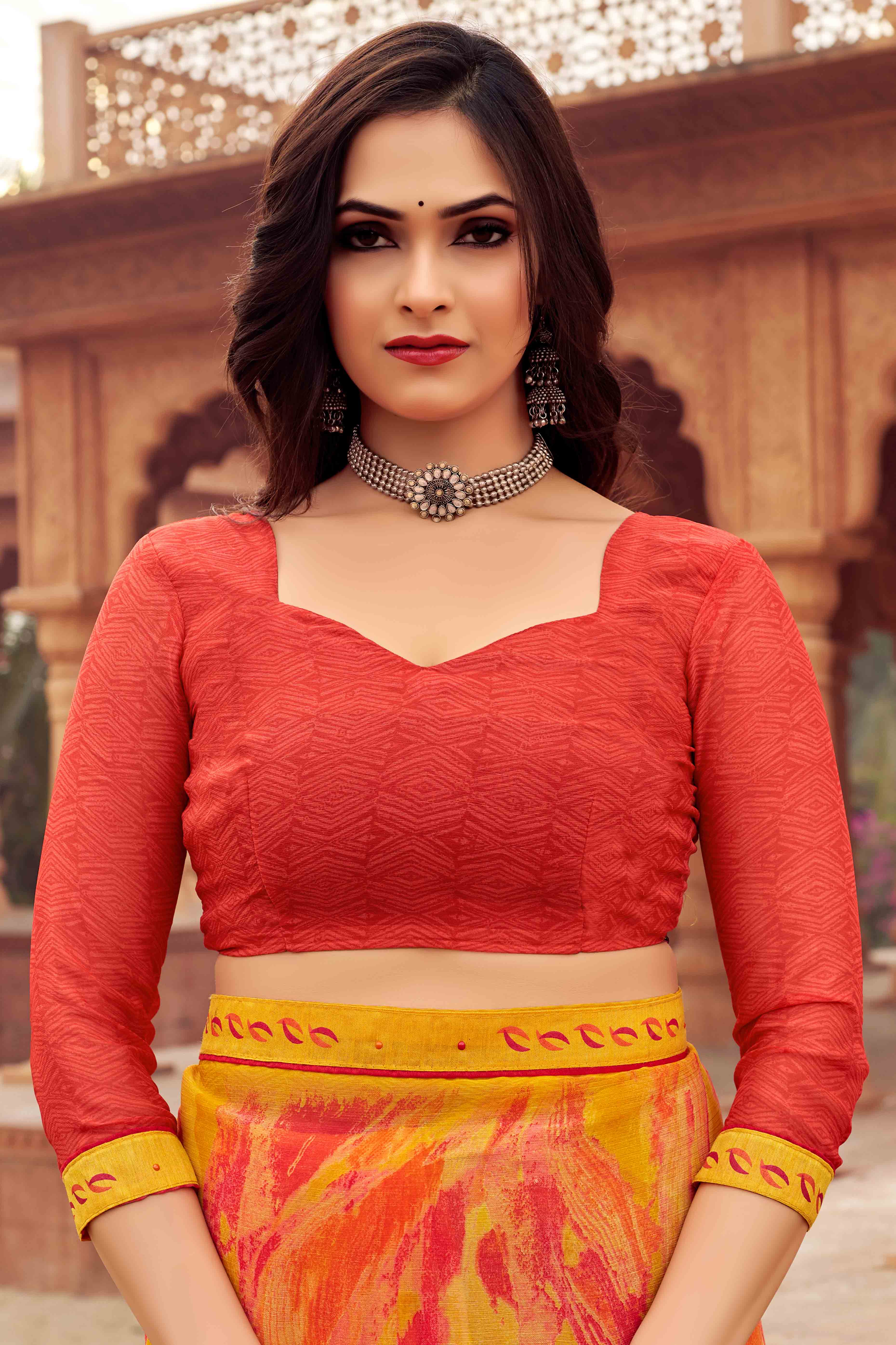 Yellow Abstract Printed Chiffon Saree