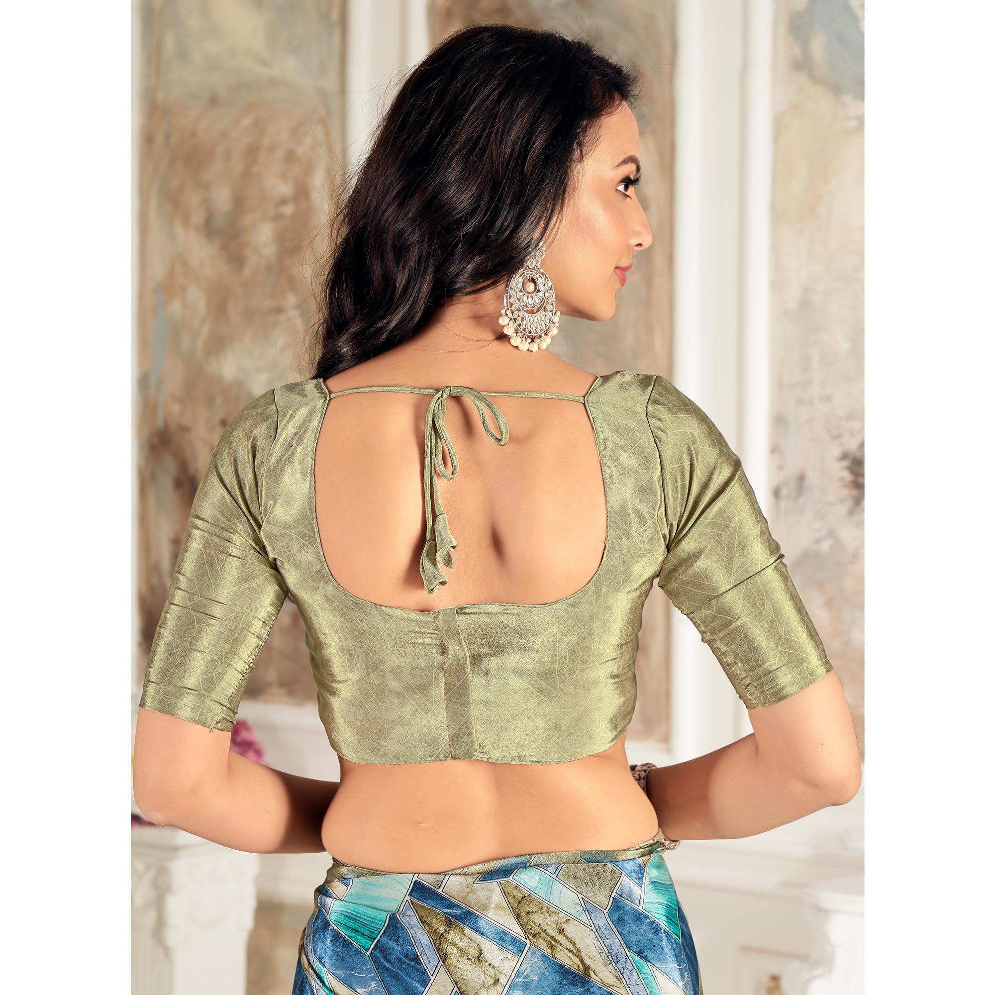 Blue Geometric Printed Crepe Silk Saree
