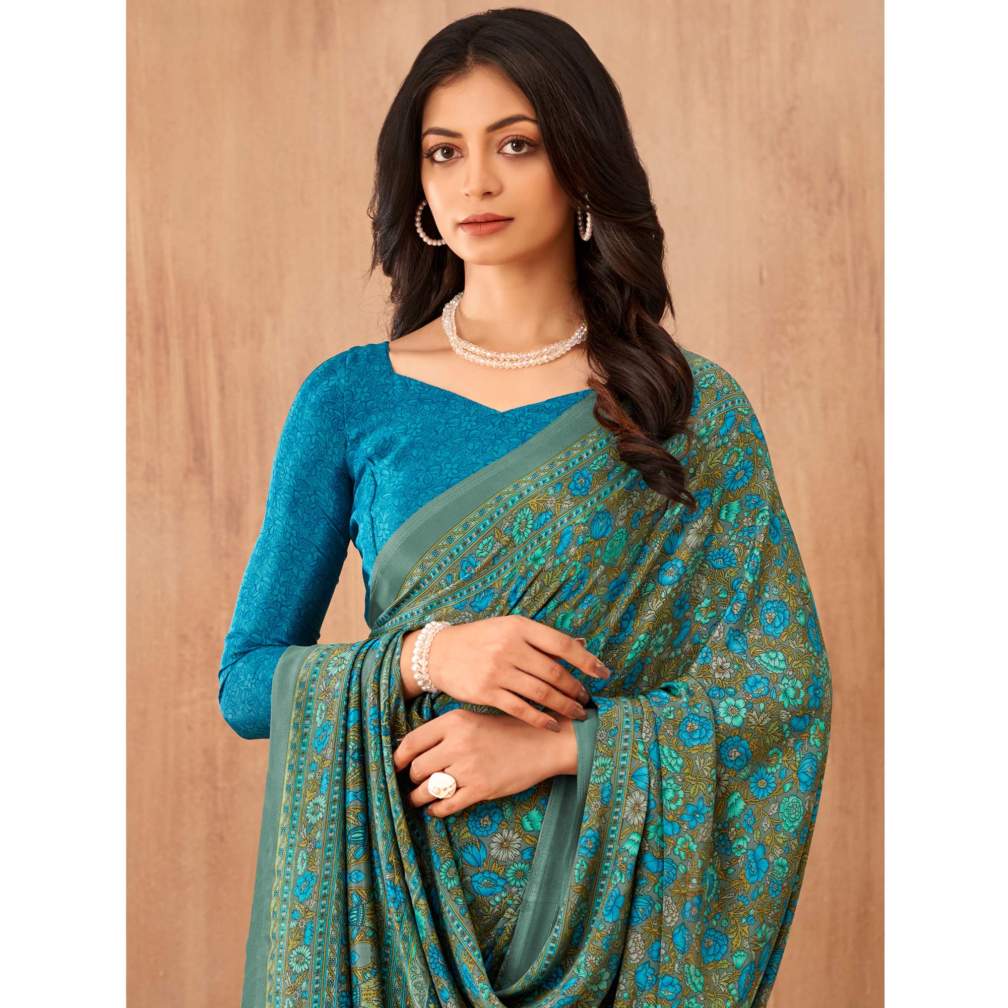 Teal Floral Printed Crepe Saree