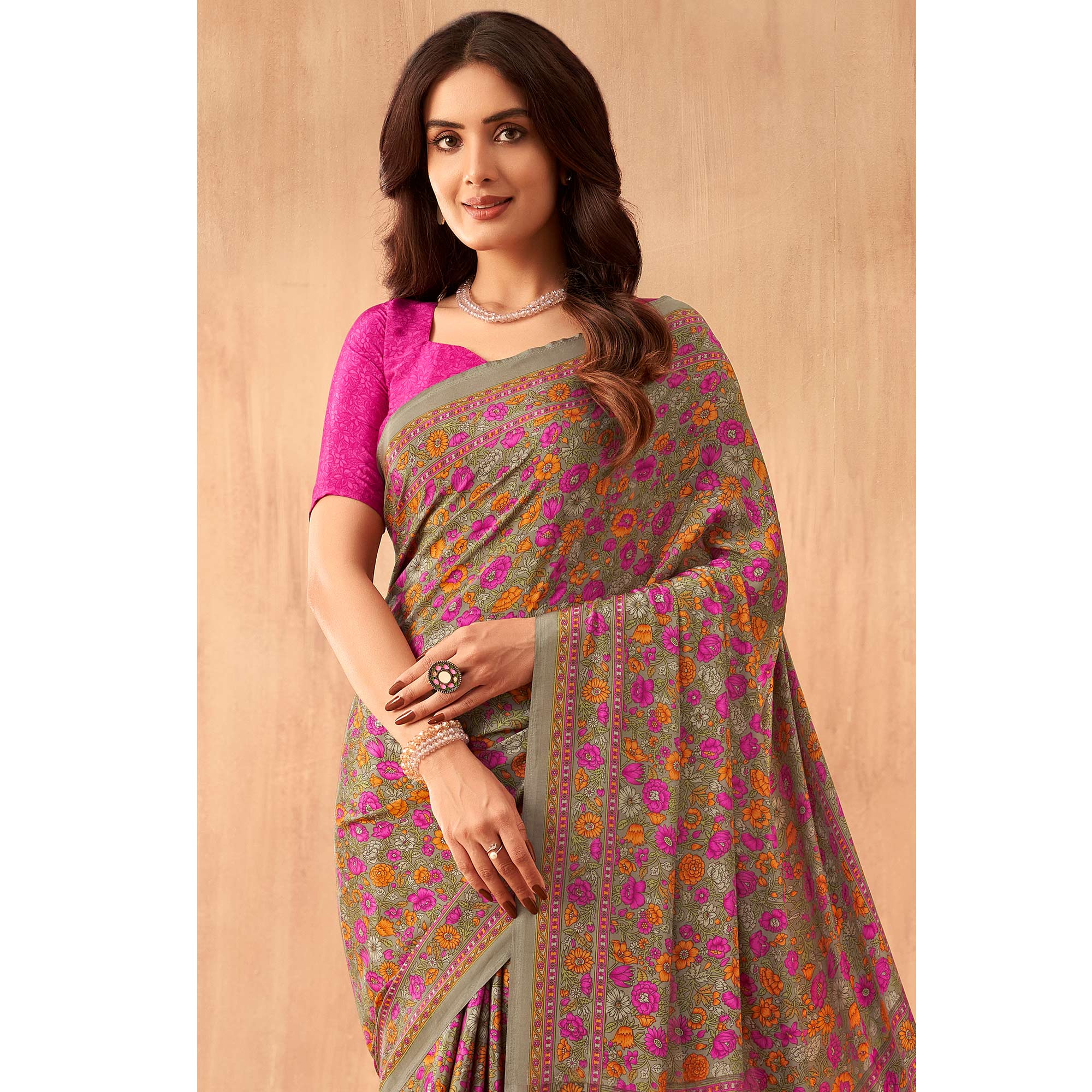 Multicolor Floral Printed Crepe Saree