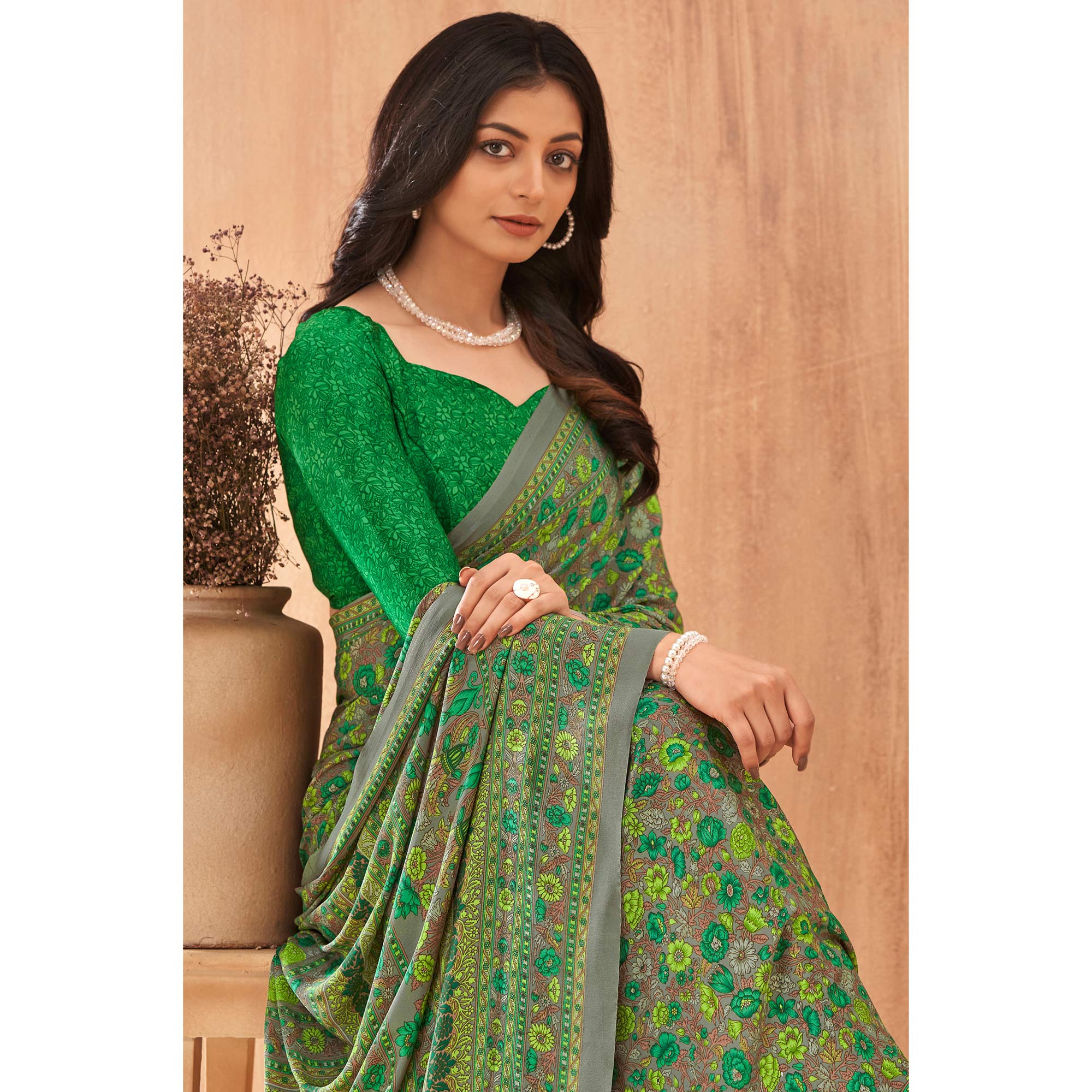 Green Floral Printed Crepe Saree