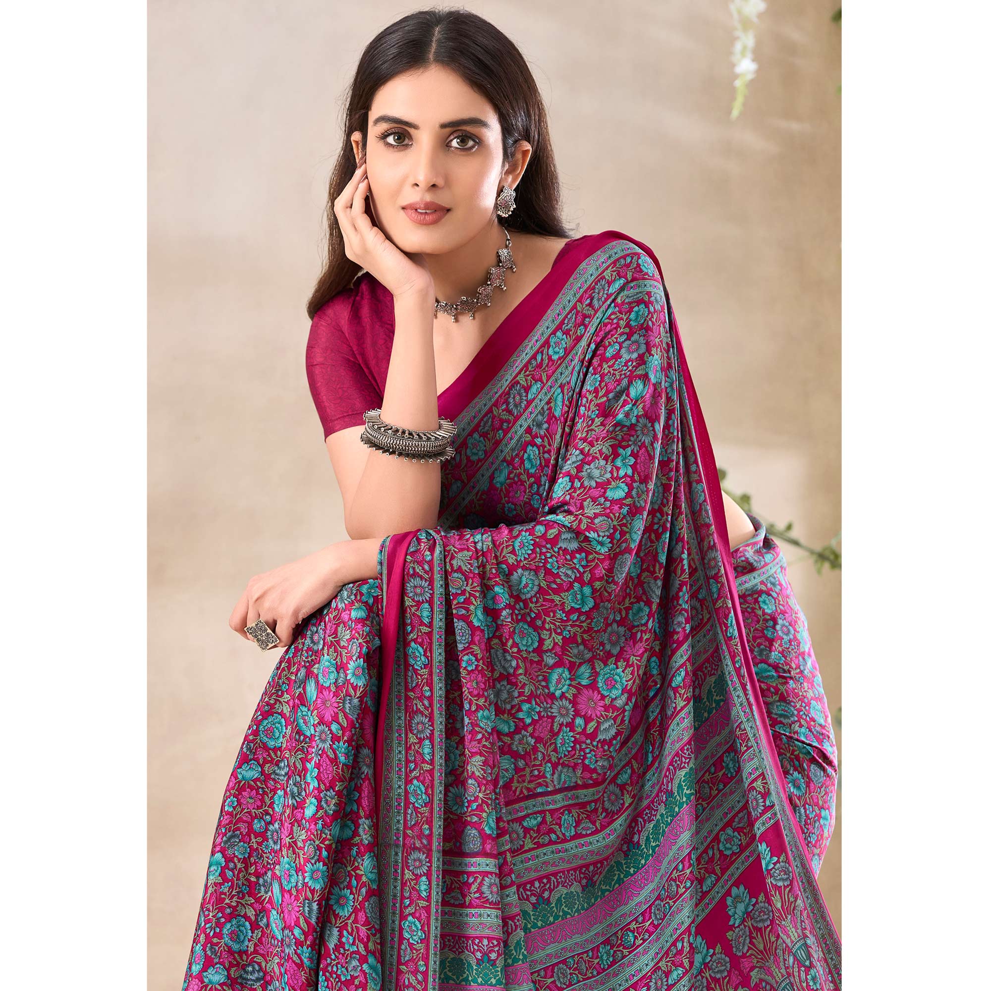 Magenta Floral Printed Crepe Saree