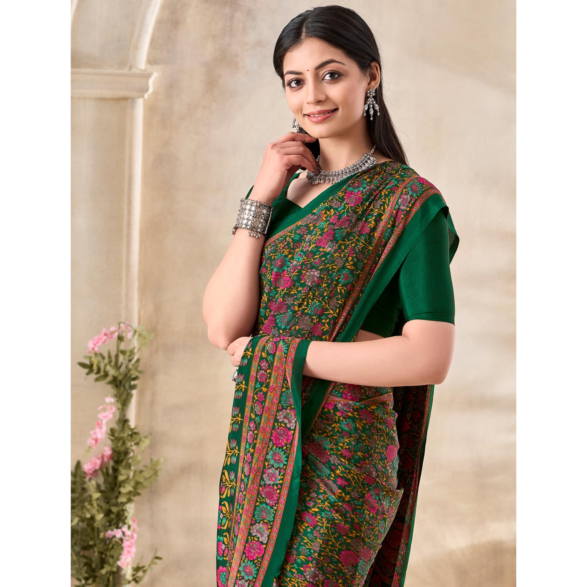 Green Floral Printed Crepe Saree