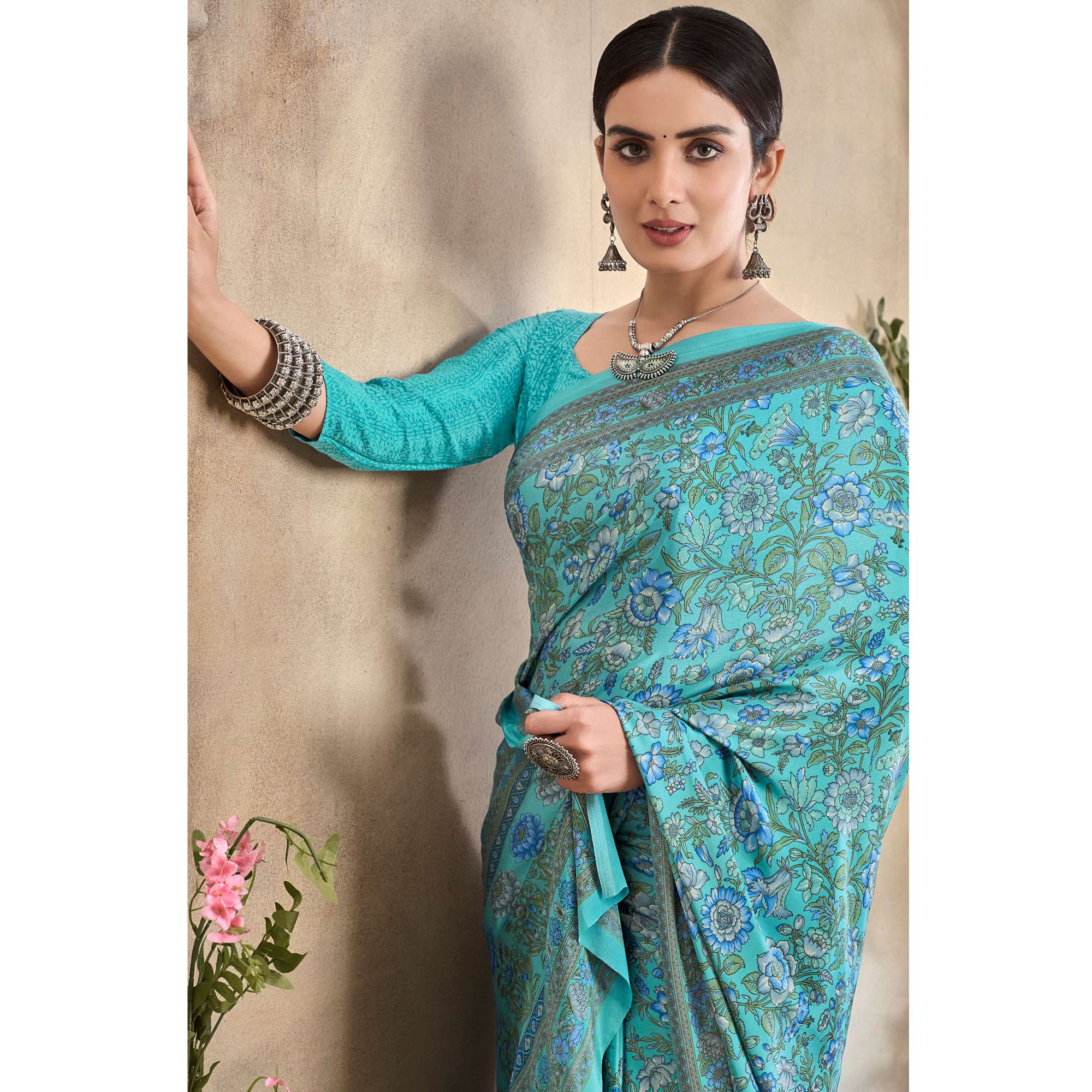 Turquoise Floral Printed Crepe Silk Saree