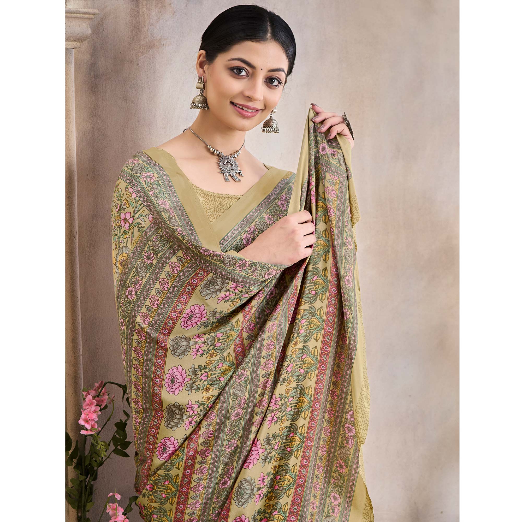 Beige Floral Printed Crepe Silk Saree