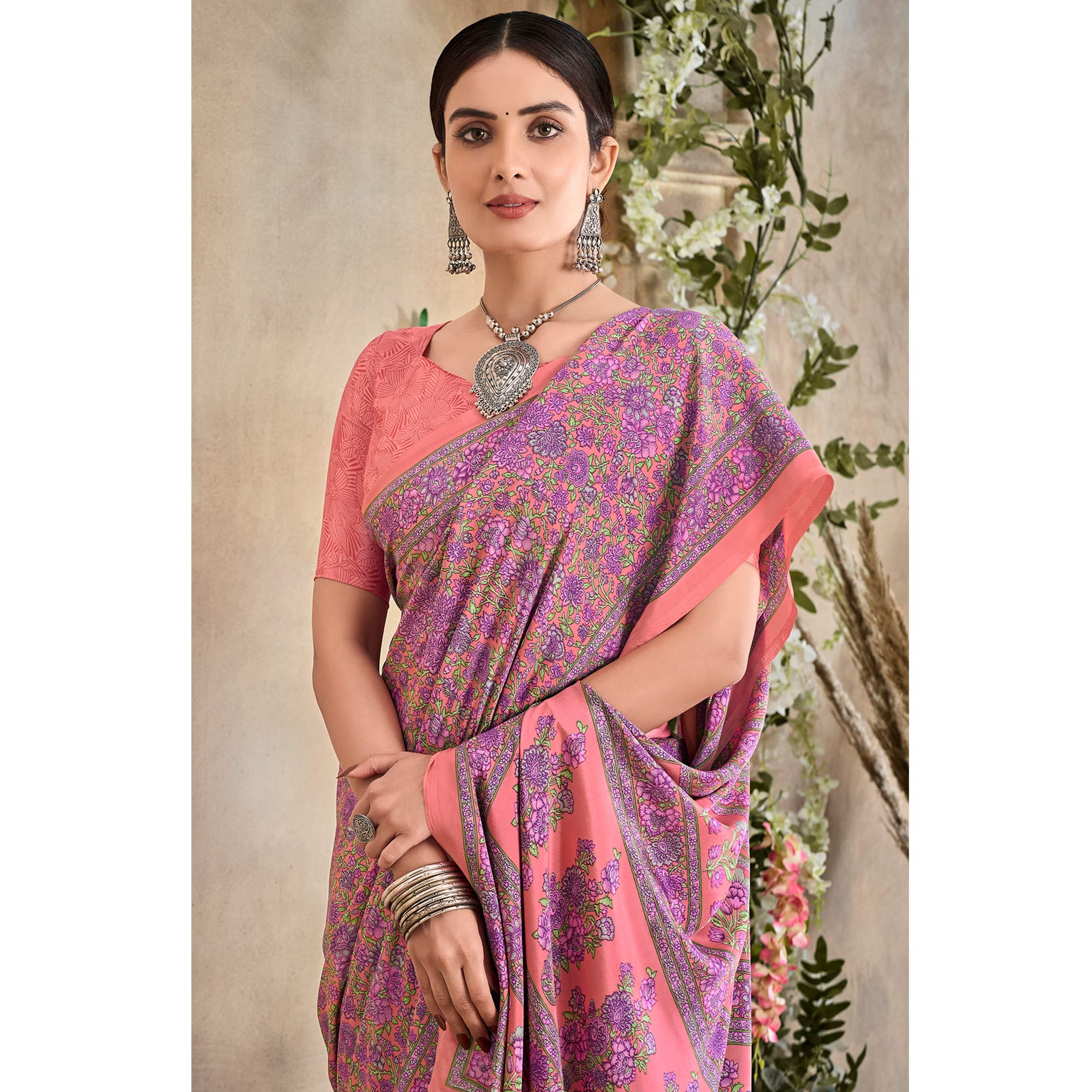 Pink Floral Printed Crepe Silk Saree