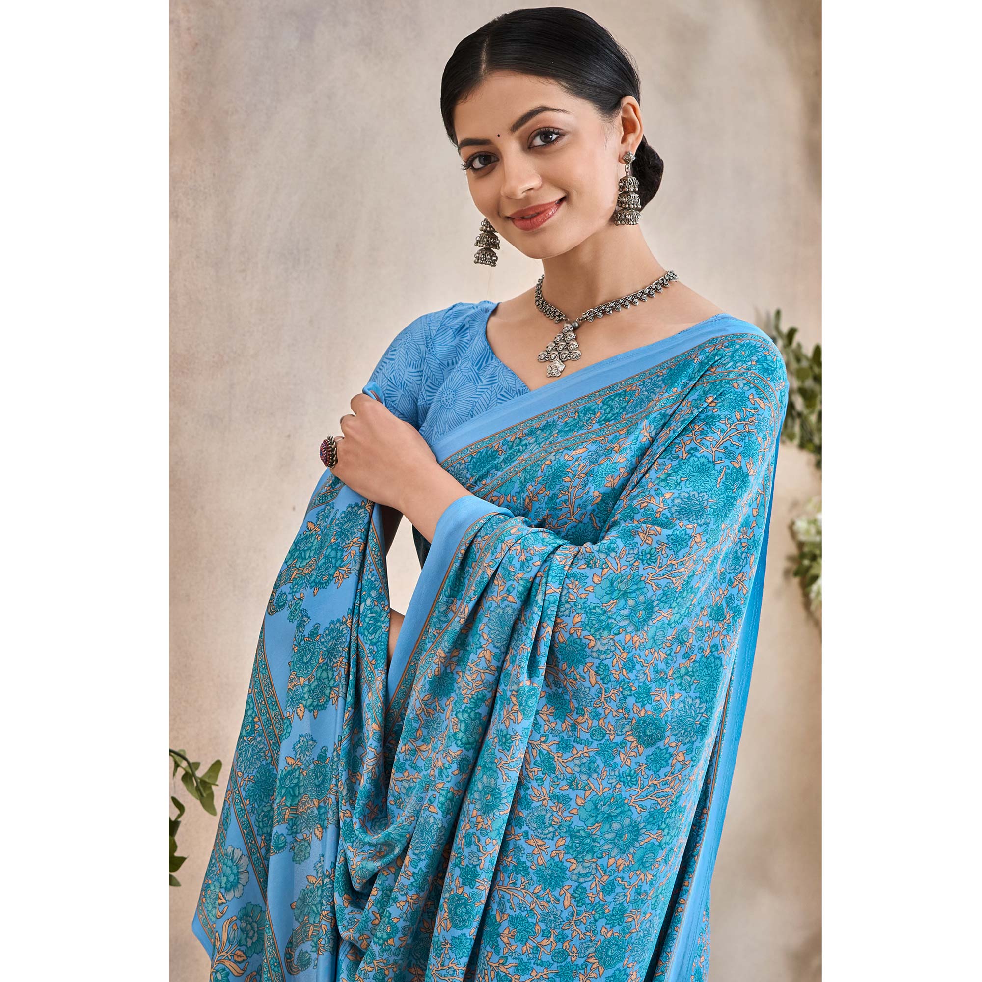 Blue Crepe Silk Floral Printed Saree