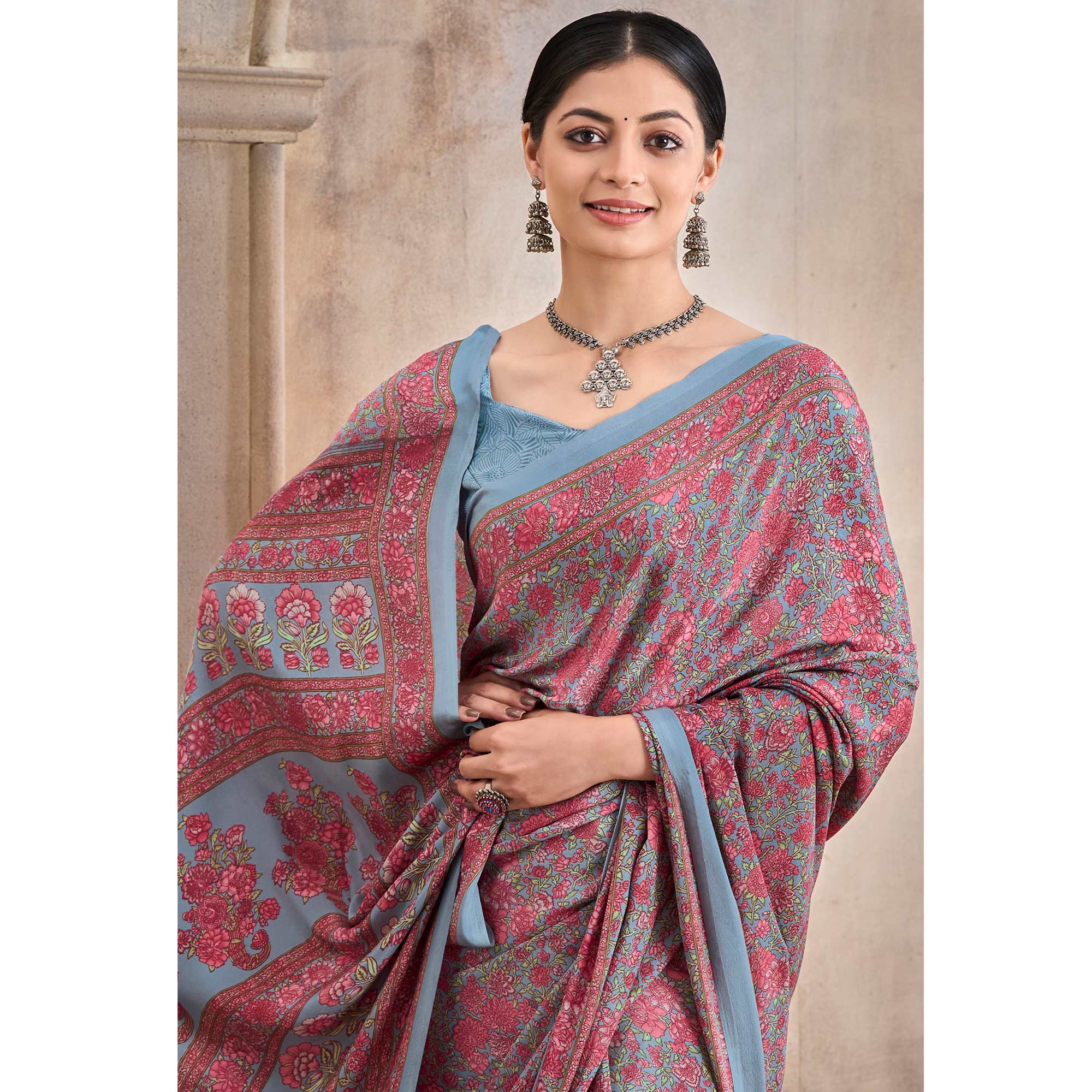 Greyish Blue Floral Printed Crepe Silk Saree