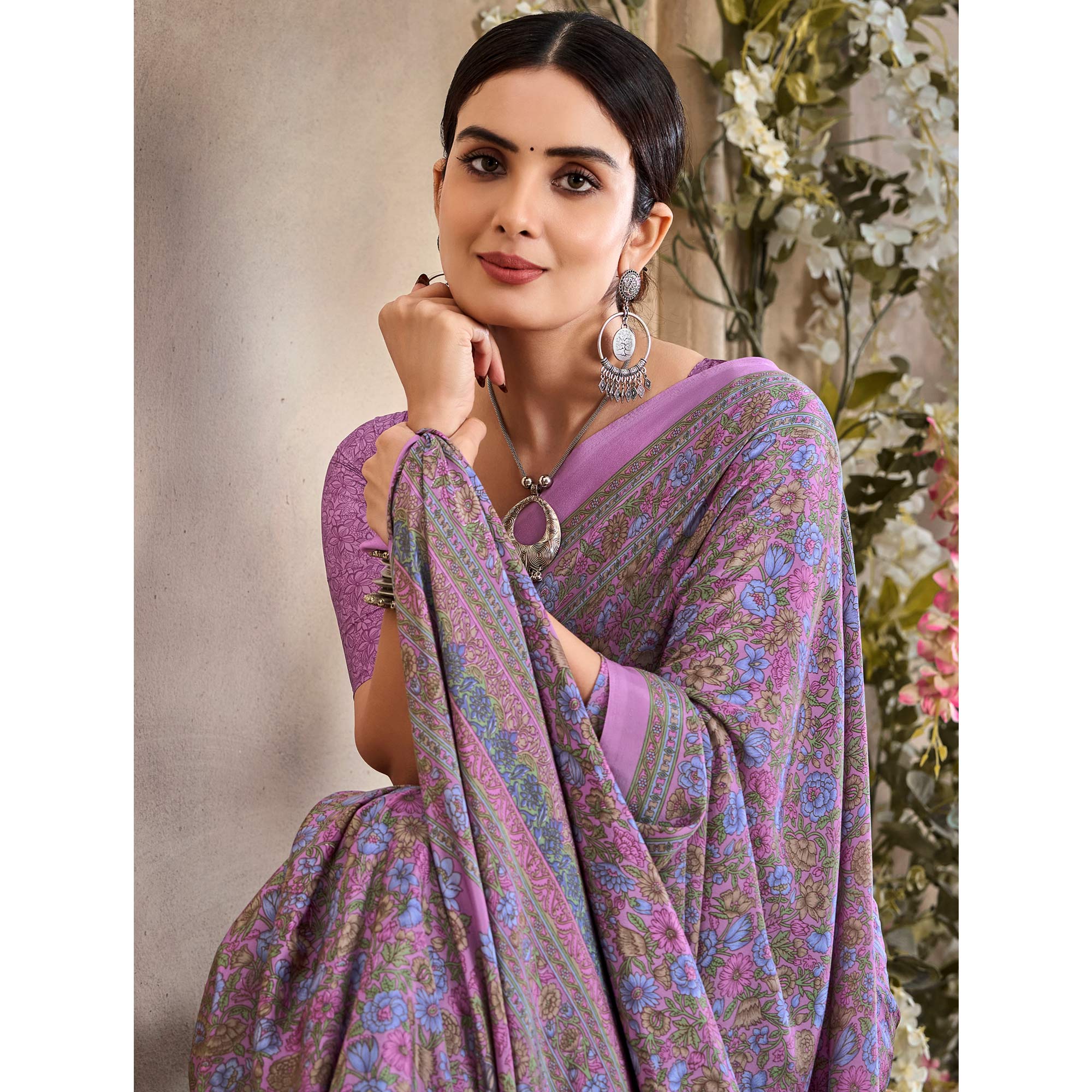 Purple Crepe Silk Floral Printed Saree