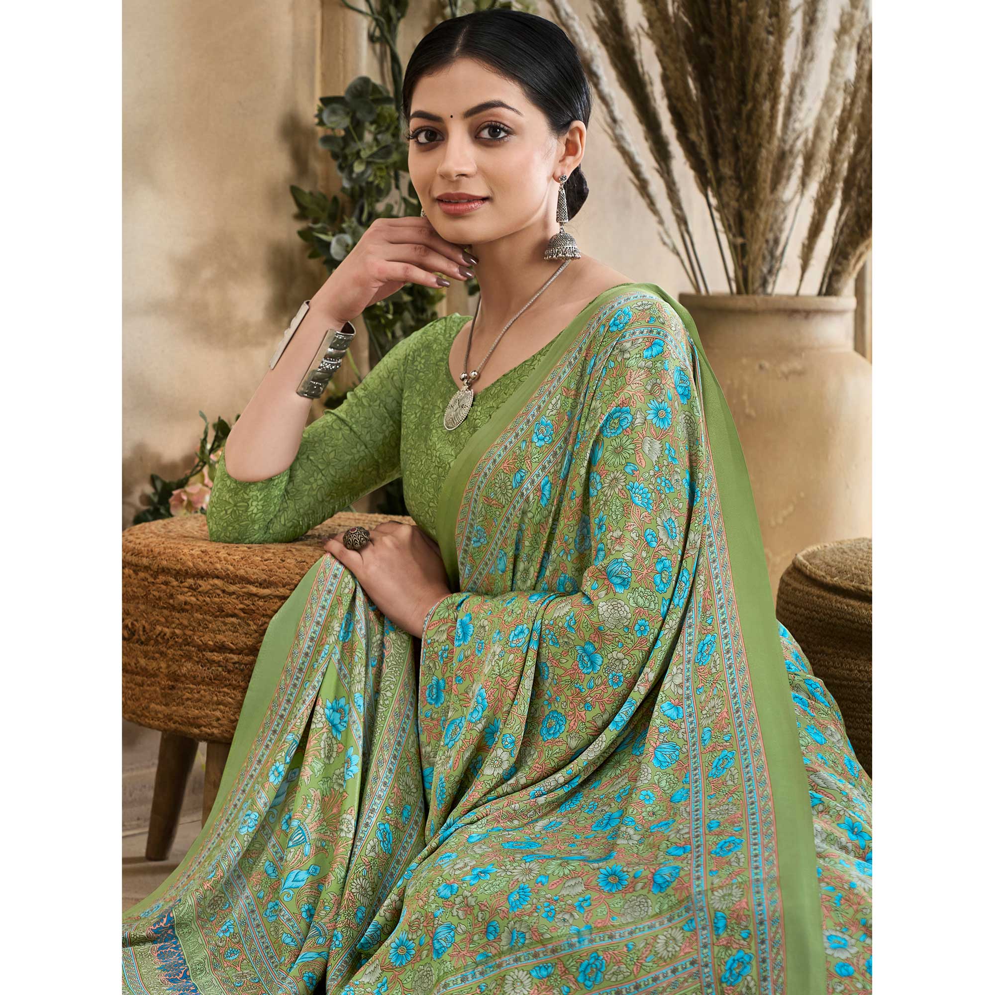 Green Crepe Silk Floral Printed Saree