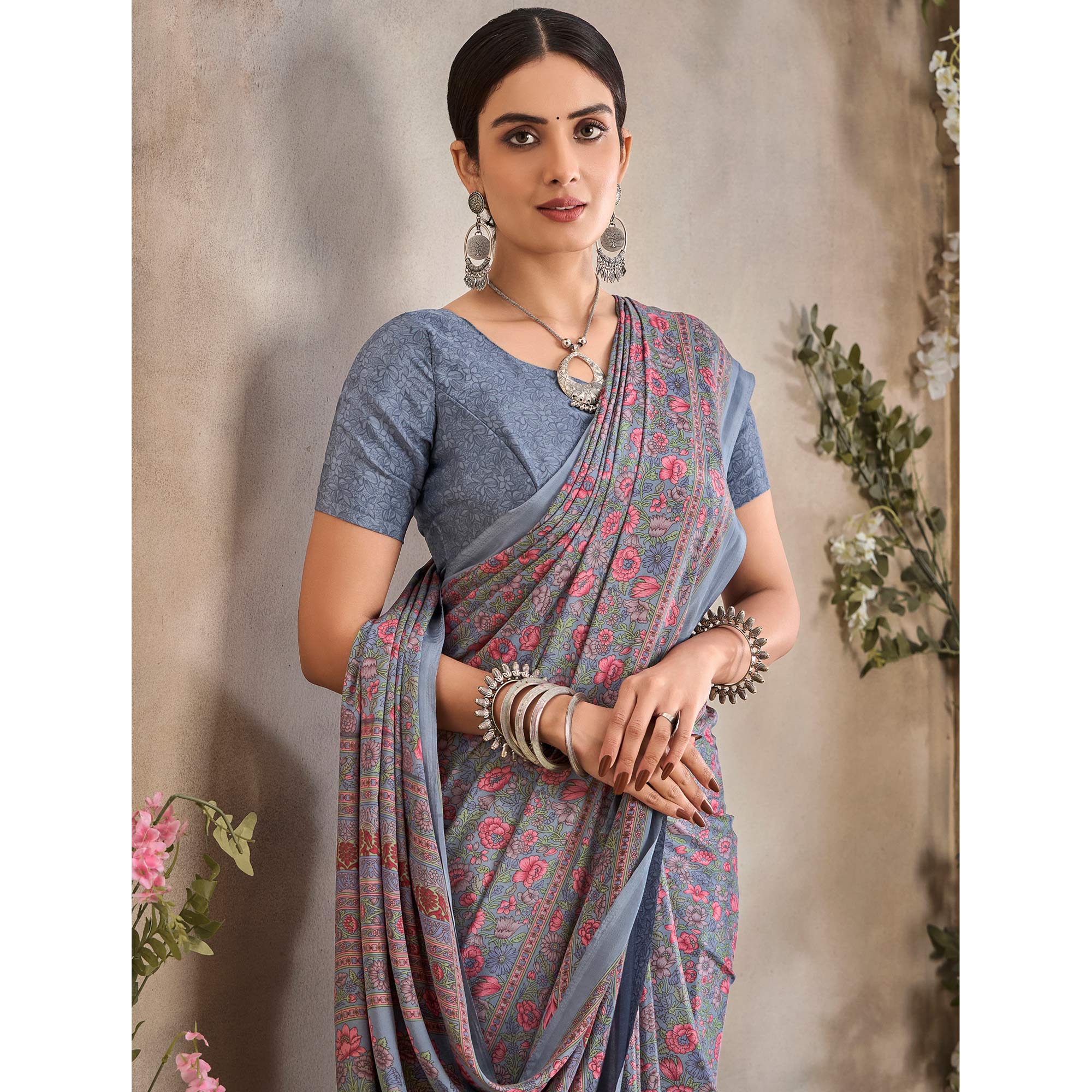 Grey Crepe Silk Floral Printed Saree