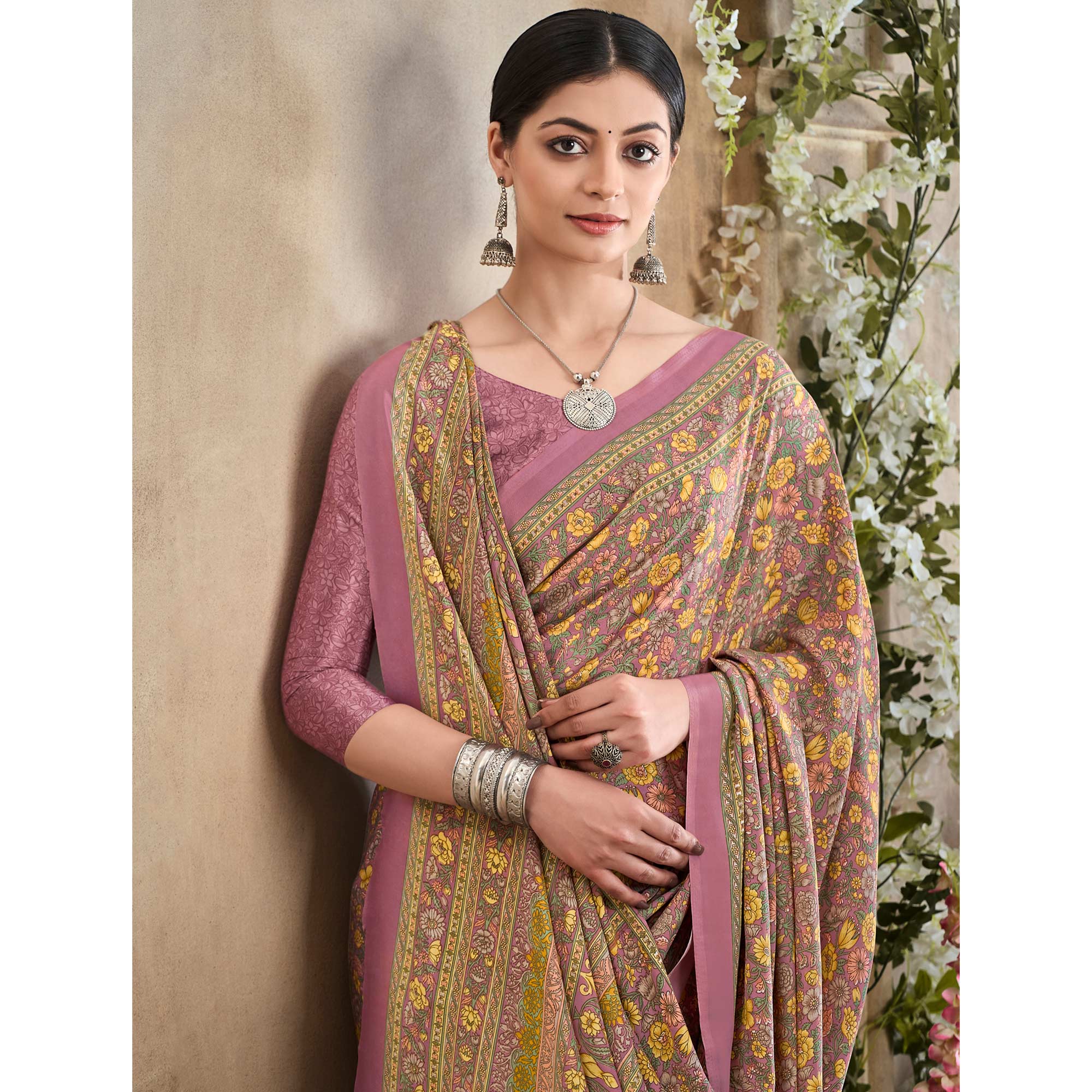 Mauve Crepe Silk Floral Printed  Saree