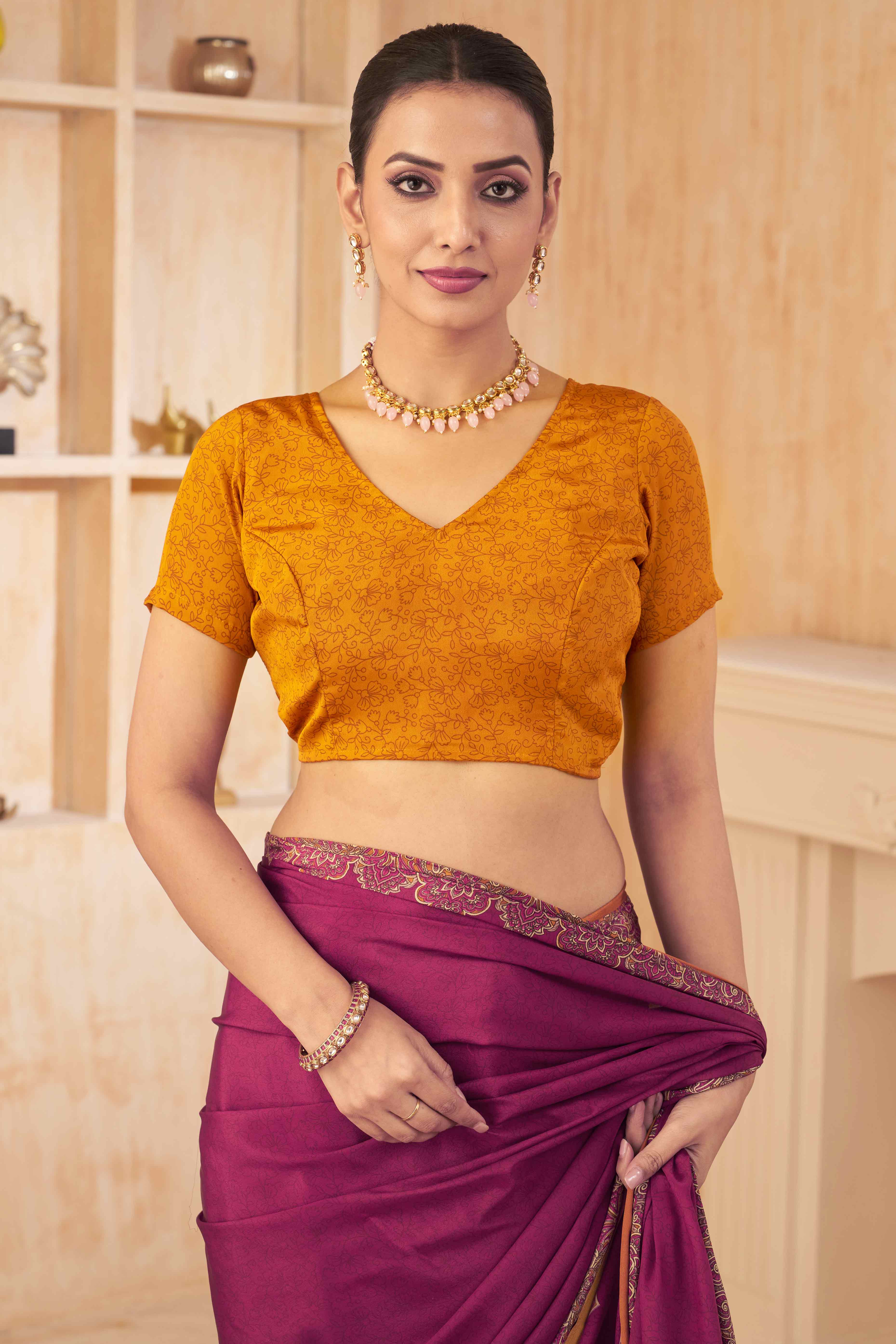 Purple Floral Printed Crepe Silk Saree