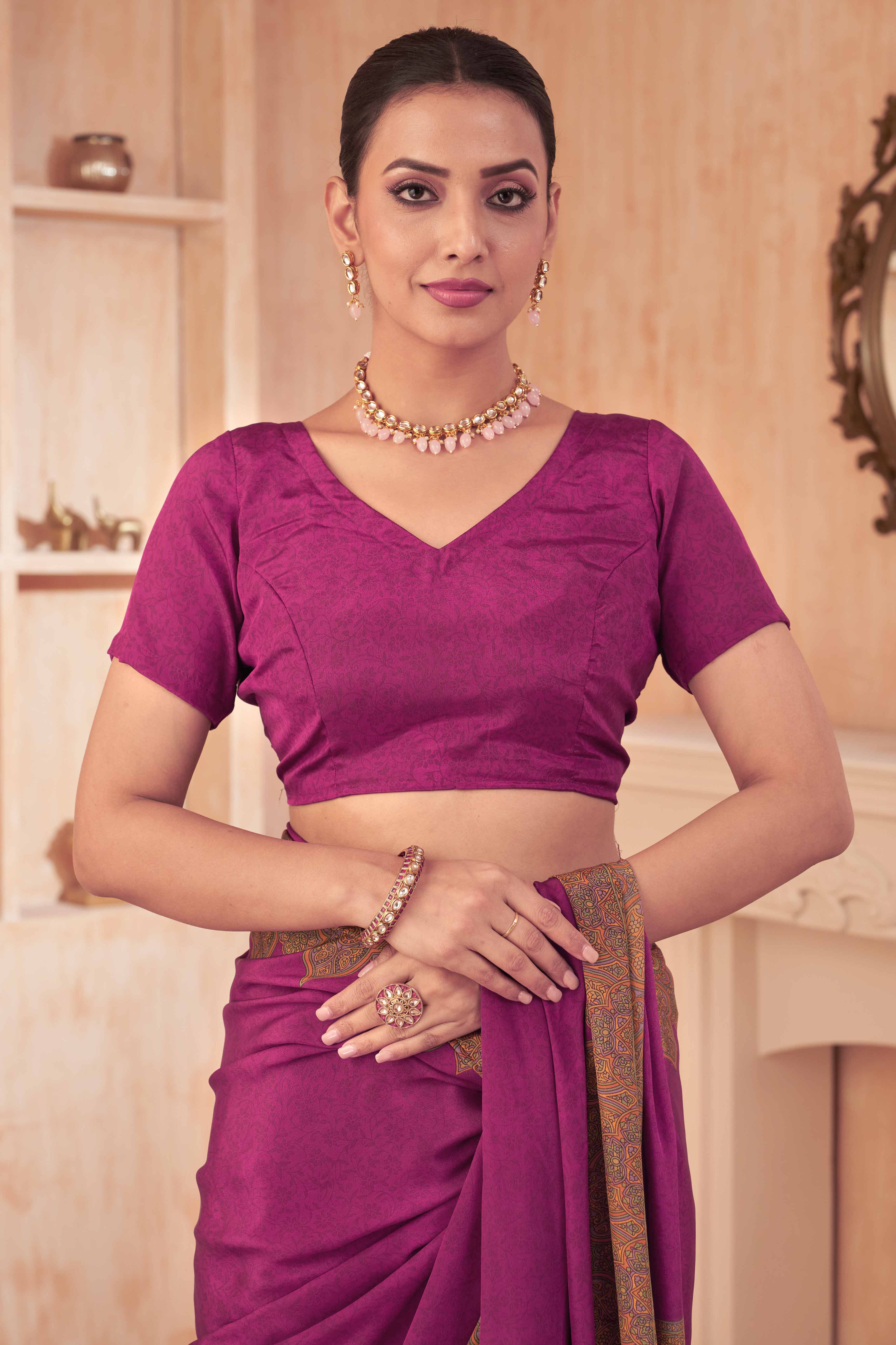 Purple Floral Printed Crepe Silk Saree