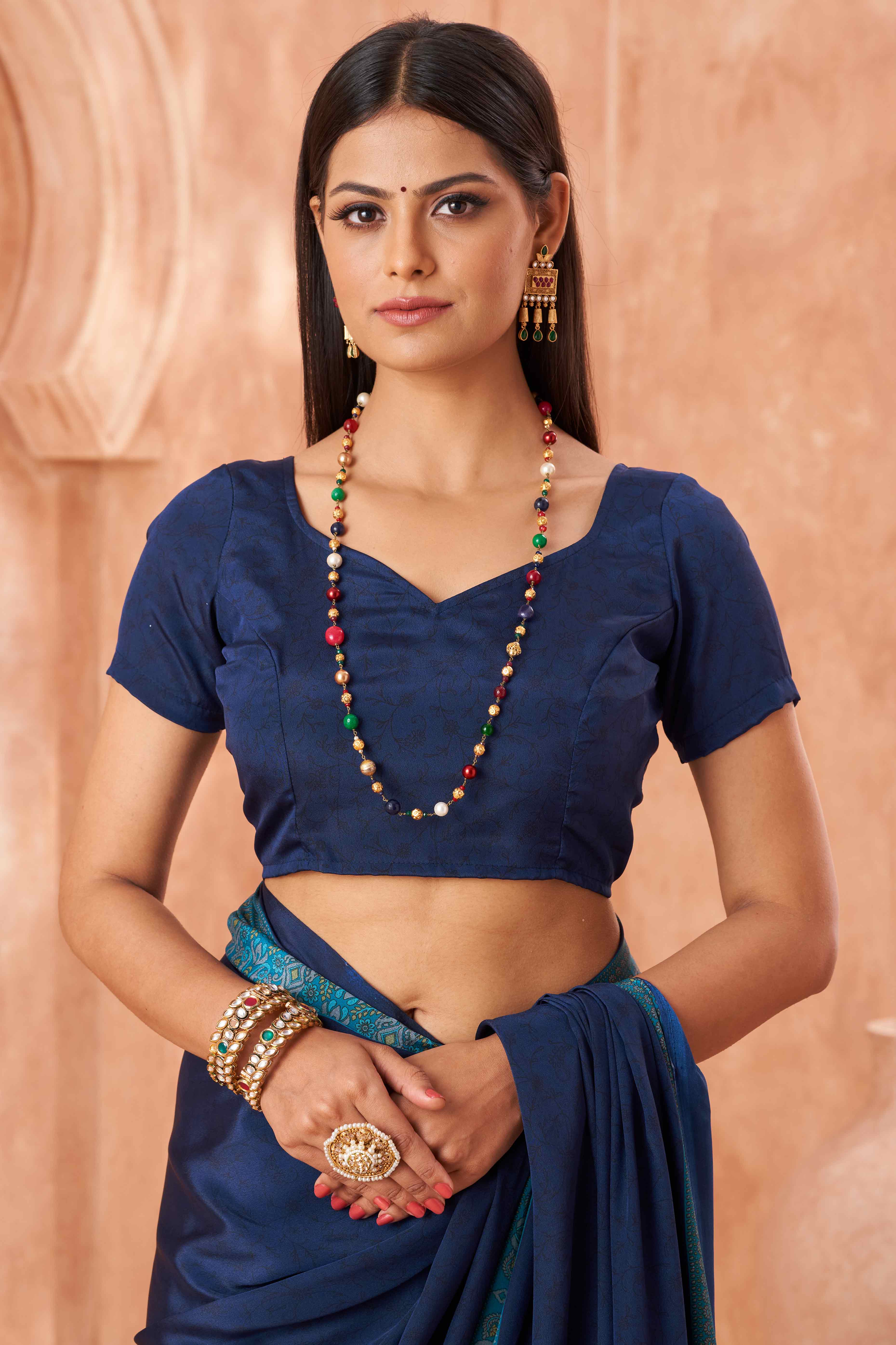 Navy Blue Crepe Silk Saree with Elegant Floral Print Detailing