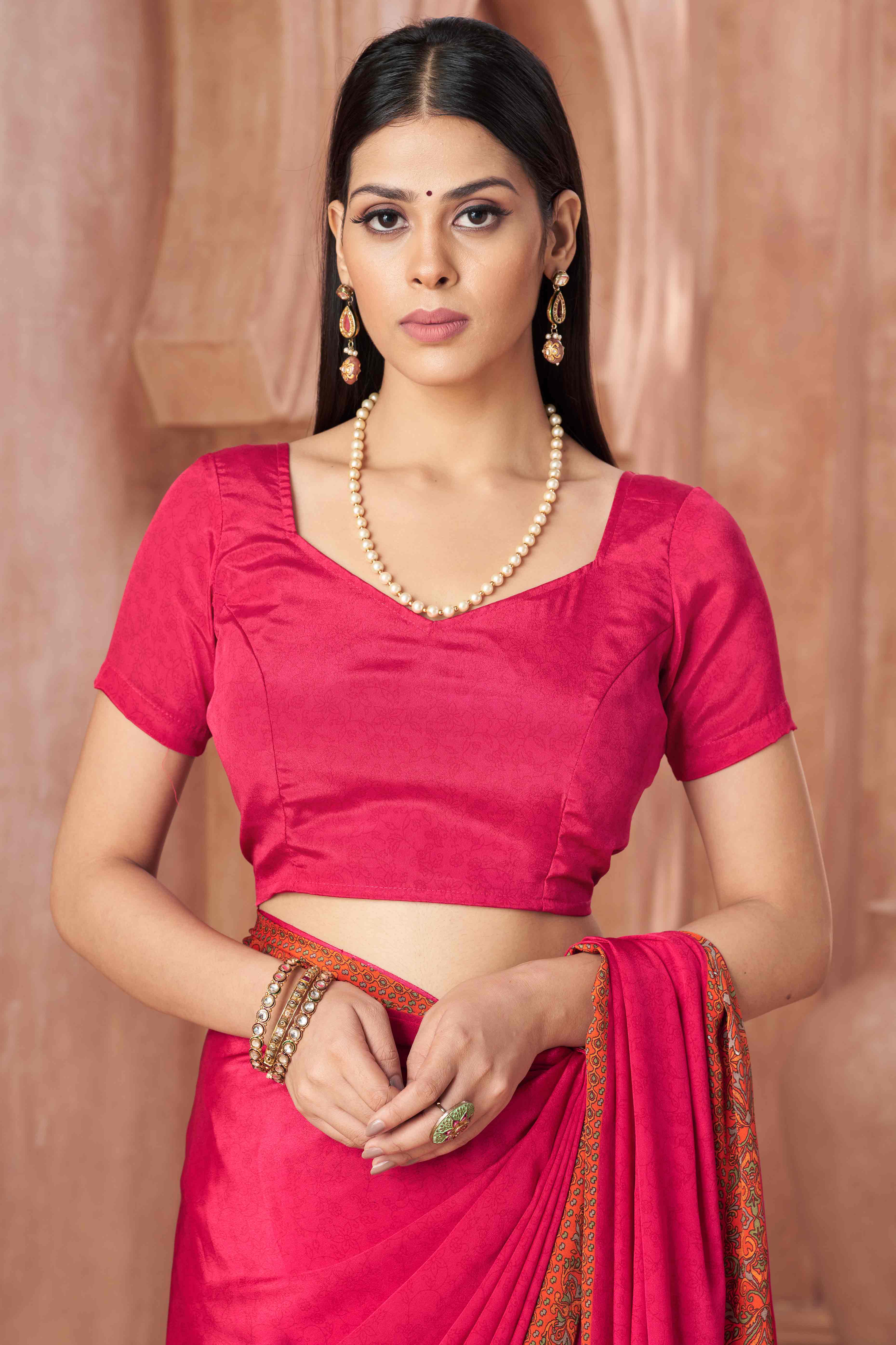 Pink Crepe Silk Saree with Elegant Floral Print Detailing