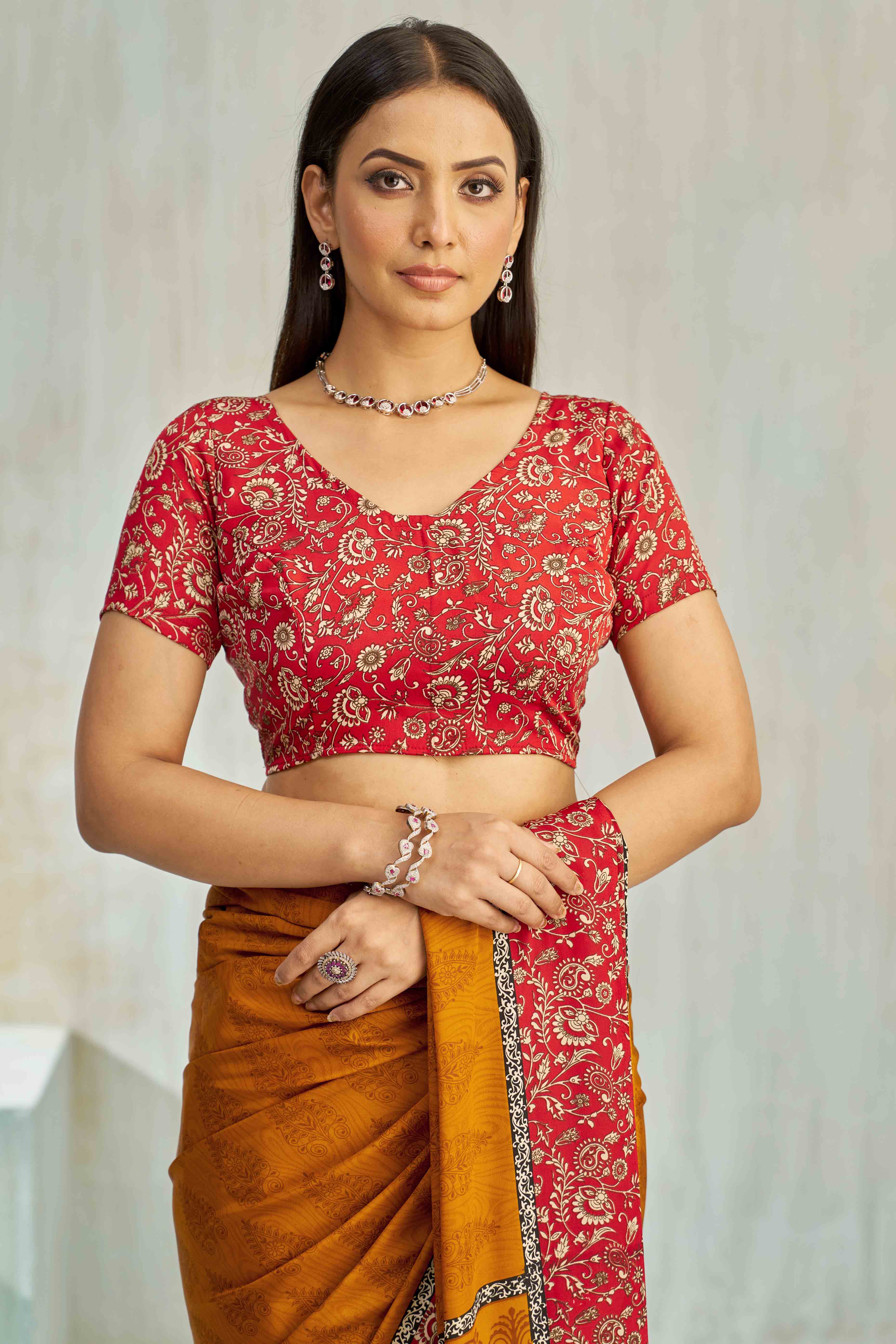 Mustard Crepe Silk Saree Featuring Delicate Floral Print Work