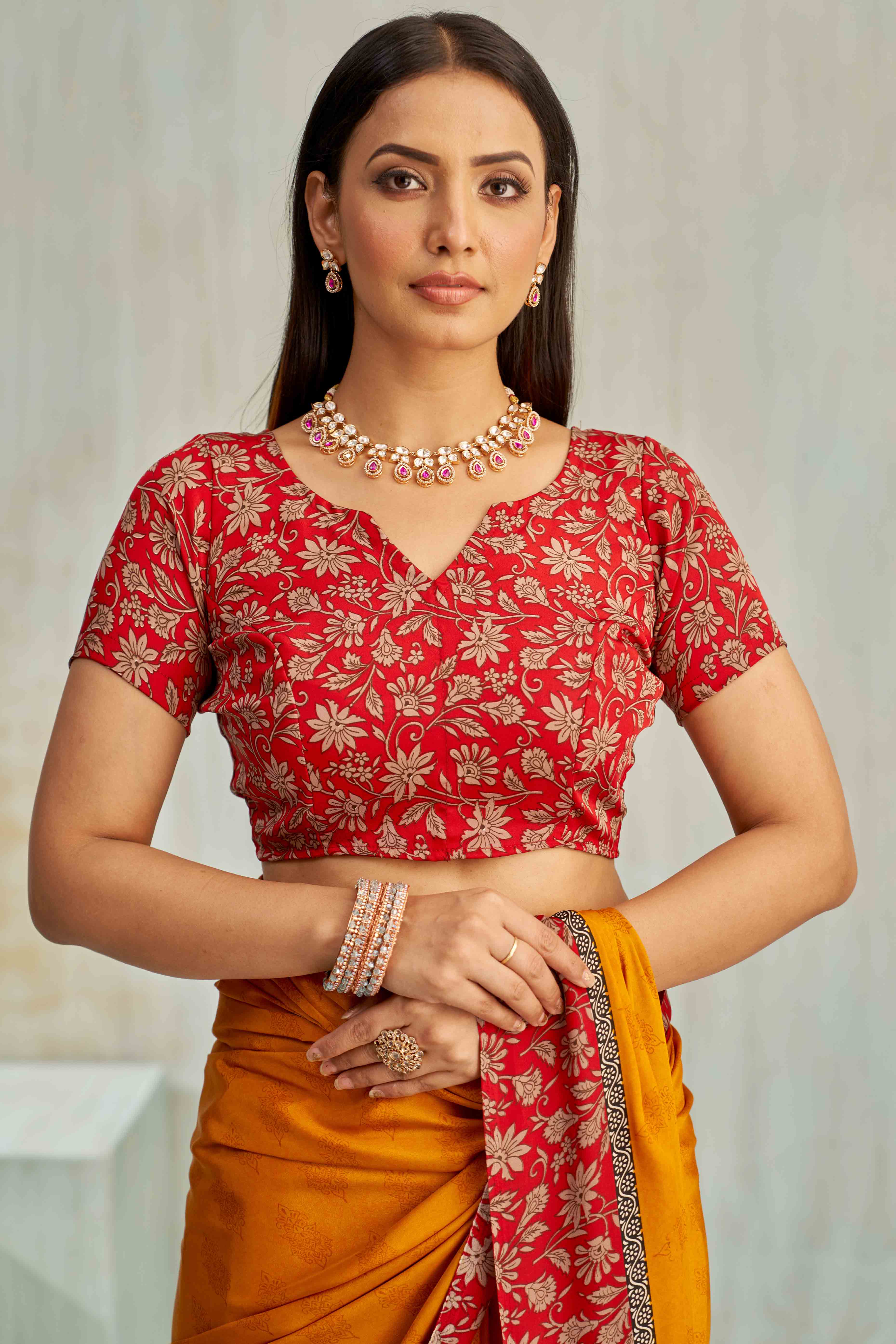 Mustard Crepe Silk Saree Featuring Delicate Floral Print Work