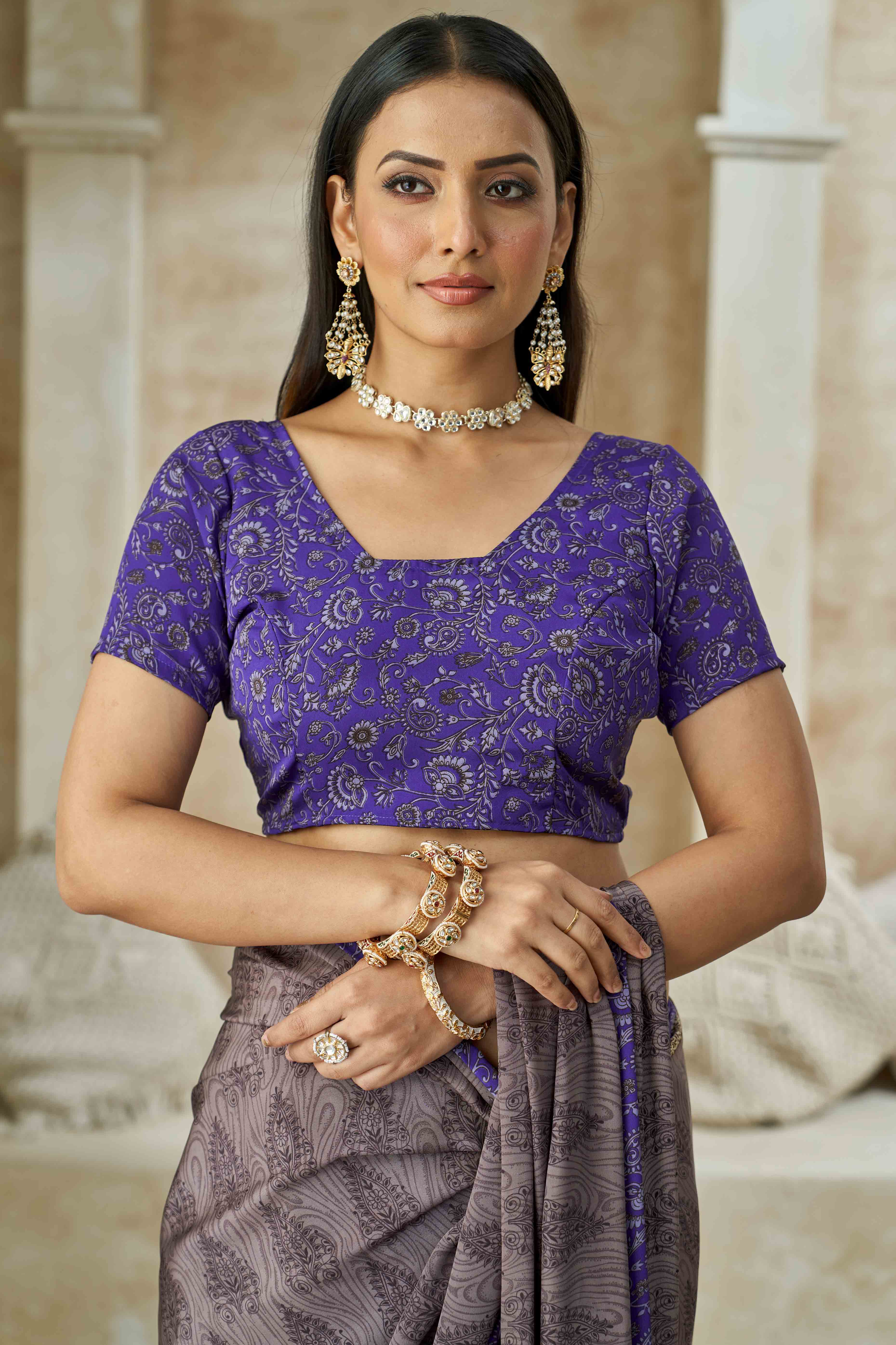 Grey & Purple Crepe Silk Saree With Timeless Floral Print Detailing