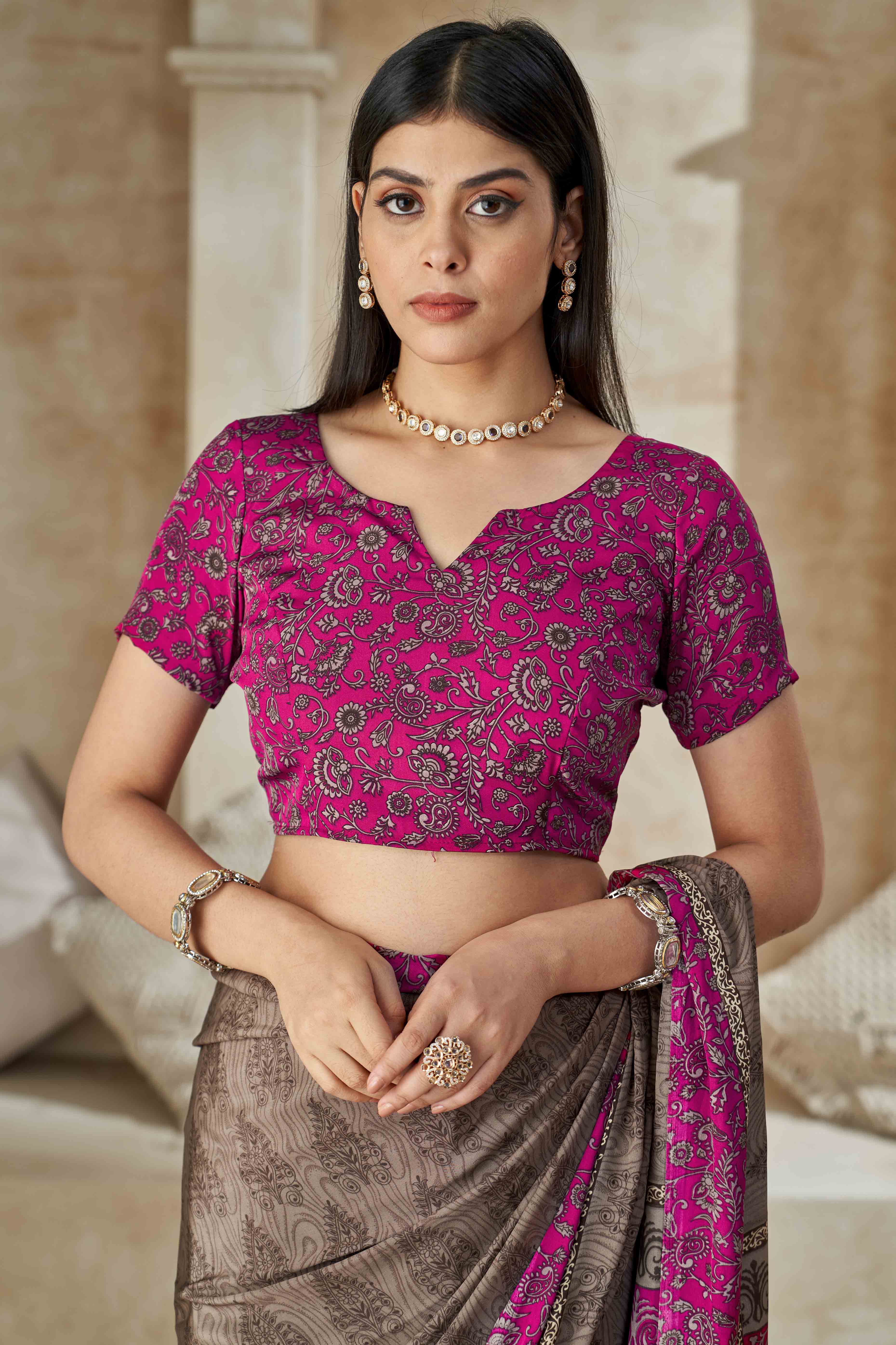 Taupe Crepe Silk Saree With Timeless Floral Print Detailing