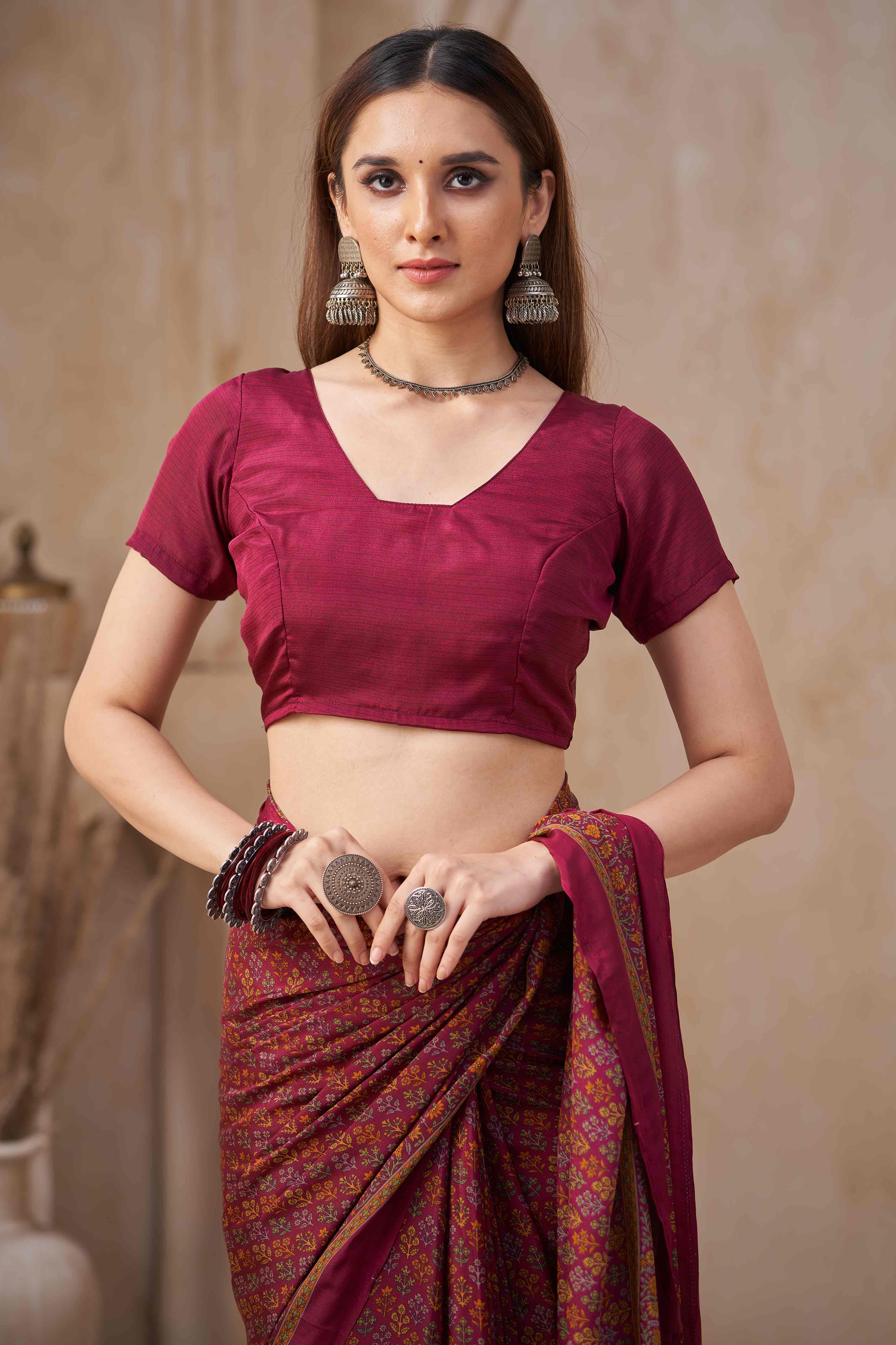 Wine Crepe Silk Saree Featuring Delicate Floral Print Work