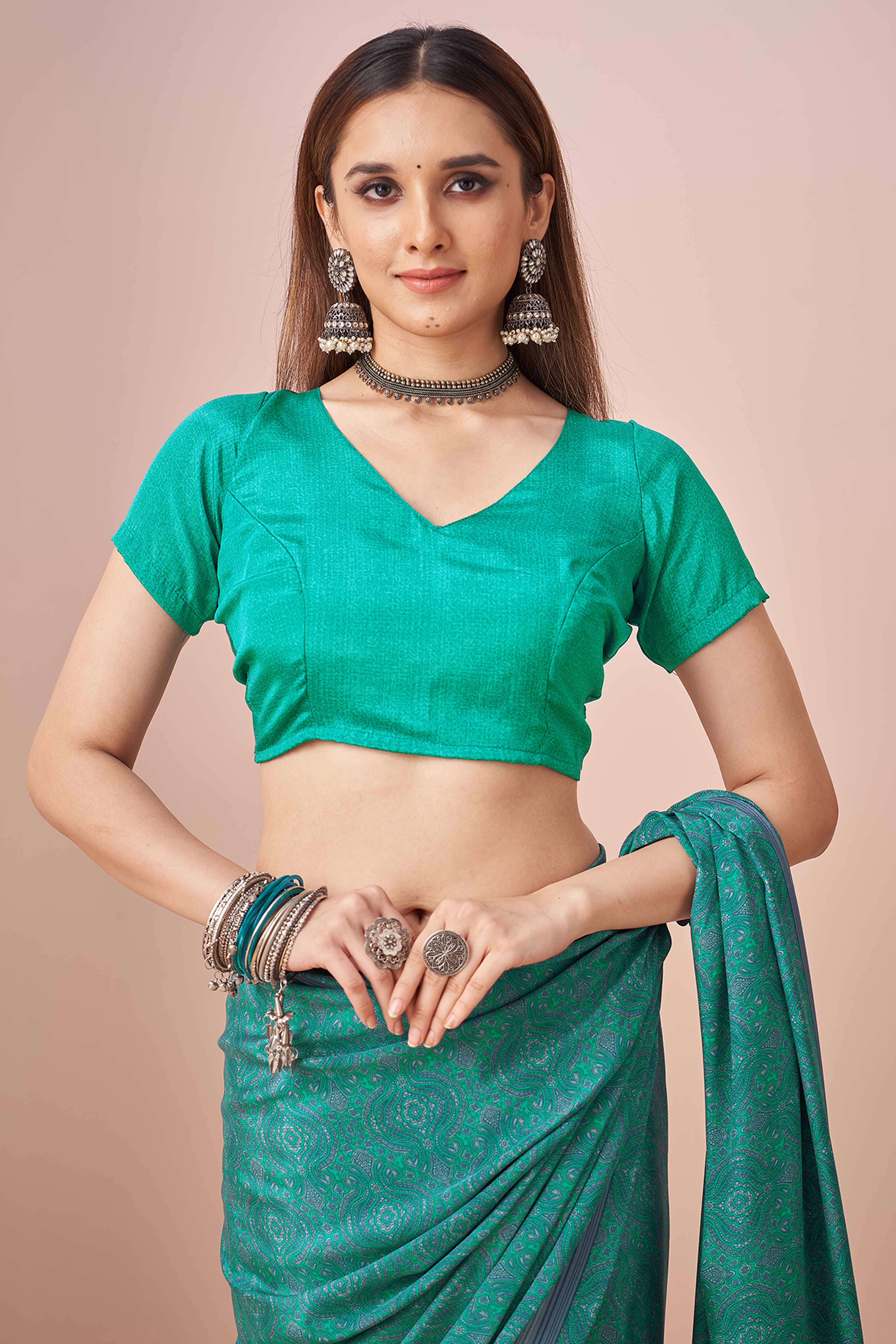 Turquoise Crepe Silk Saree Adorned With Artistic Floral Digital Print Work