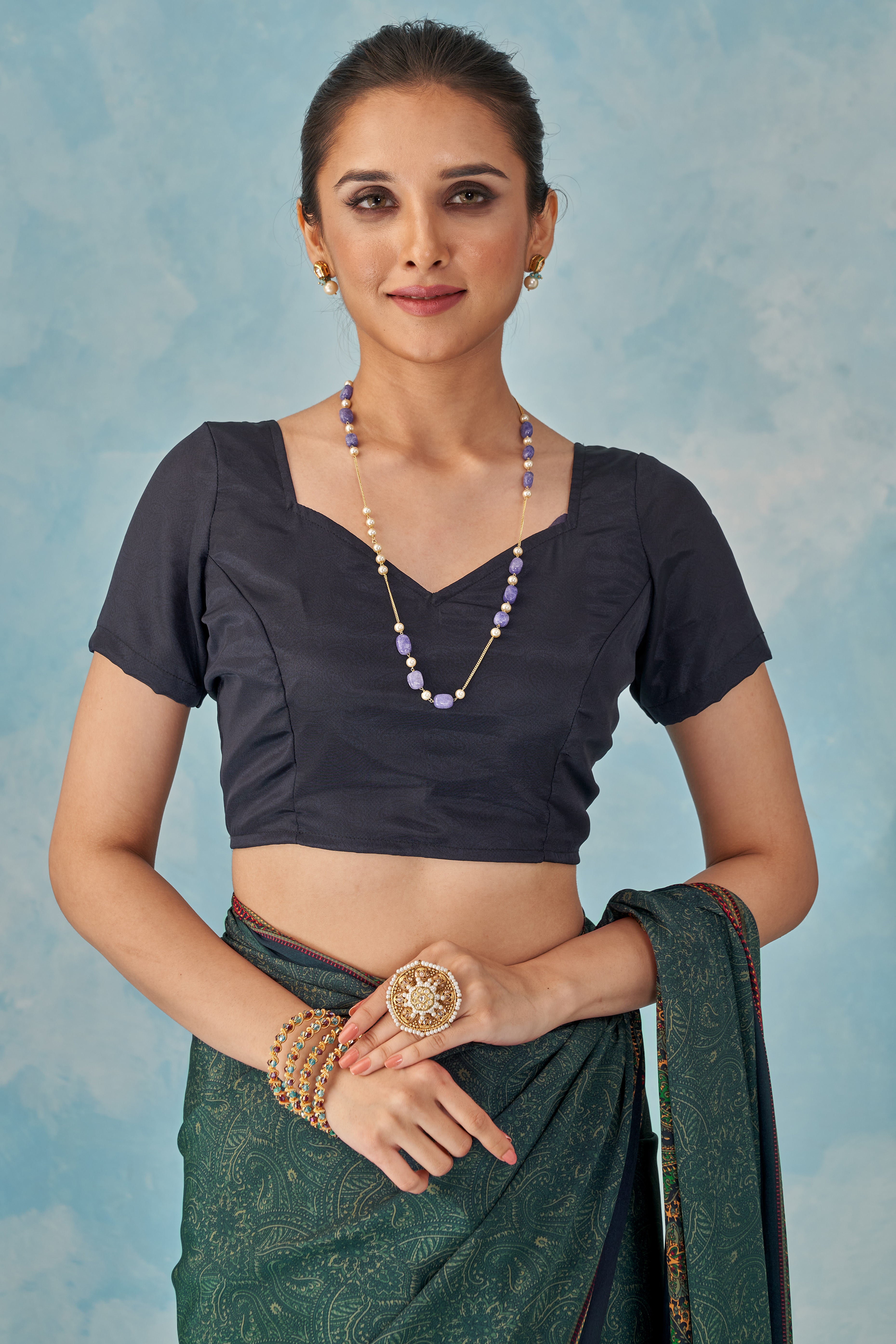 Lightweight Greyish Blue Paisley Printed Saree in Luxurious Silk Crepe