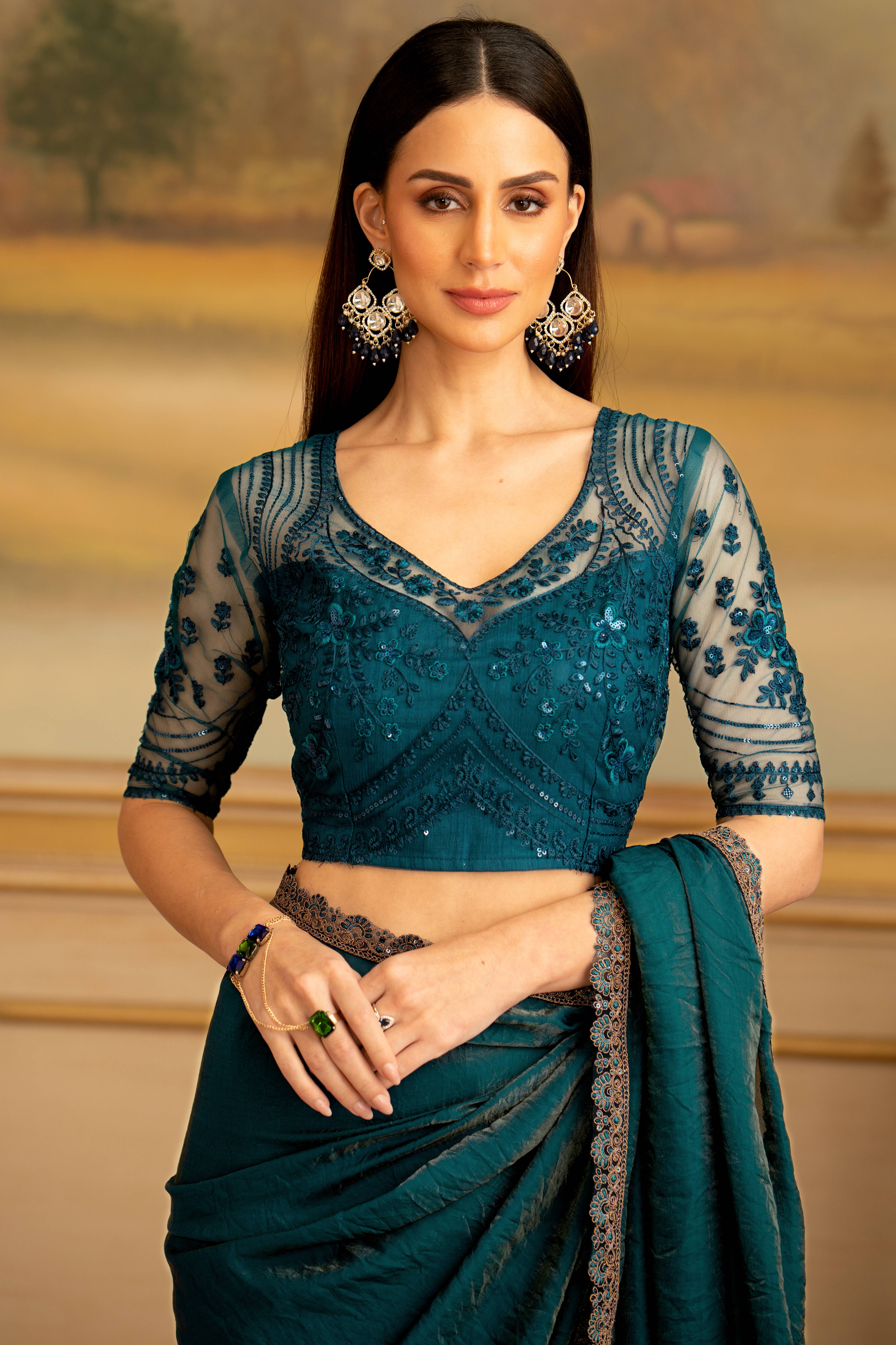 Dark Teal Twilight Georgette Saree Embellished With Floral Sequins Embroidered & Lace Border