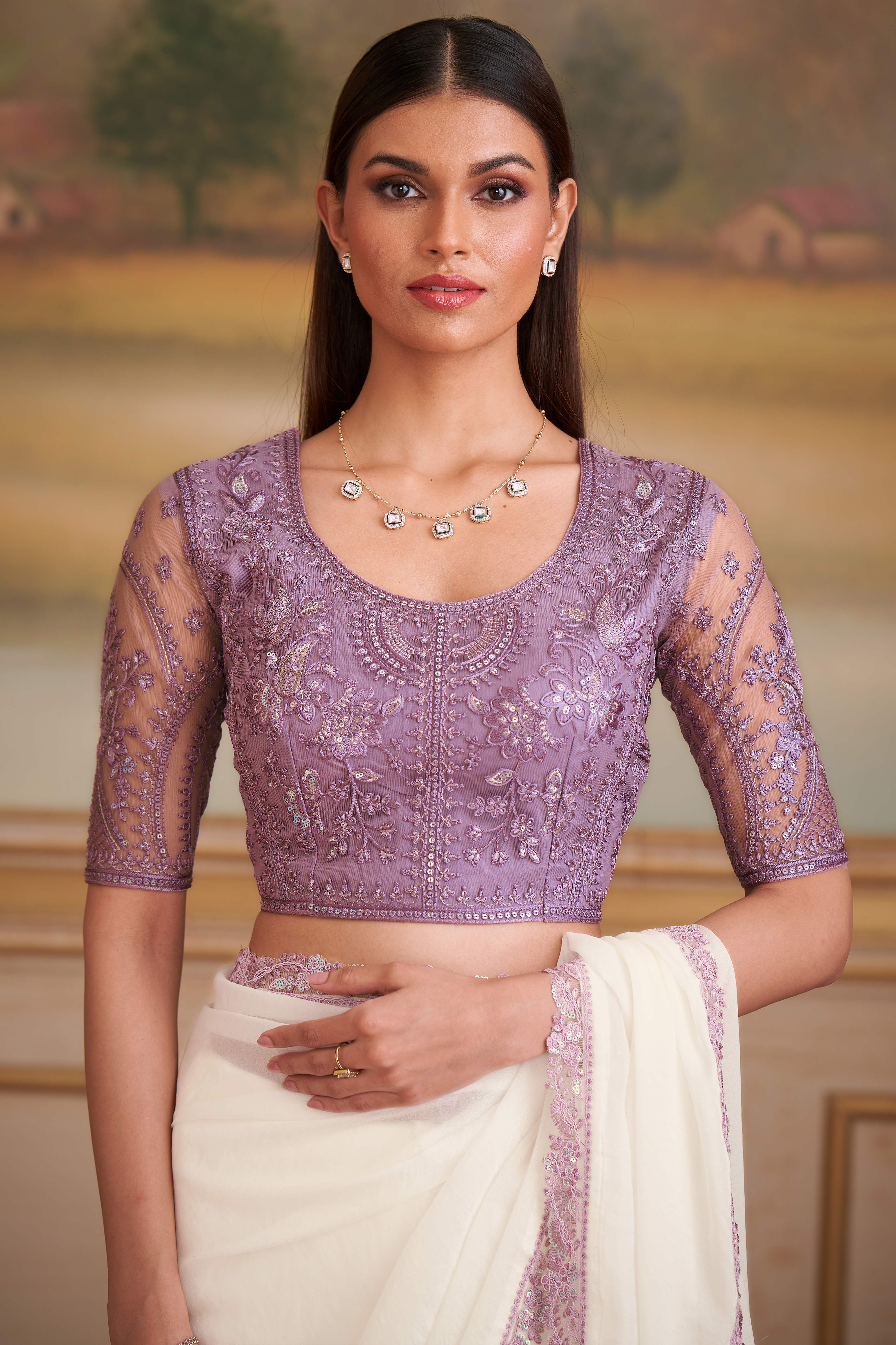 Elegant White Sparkle Georgette Saree Adorned With Floral Sequins Embroidered Lace Border Work