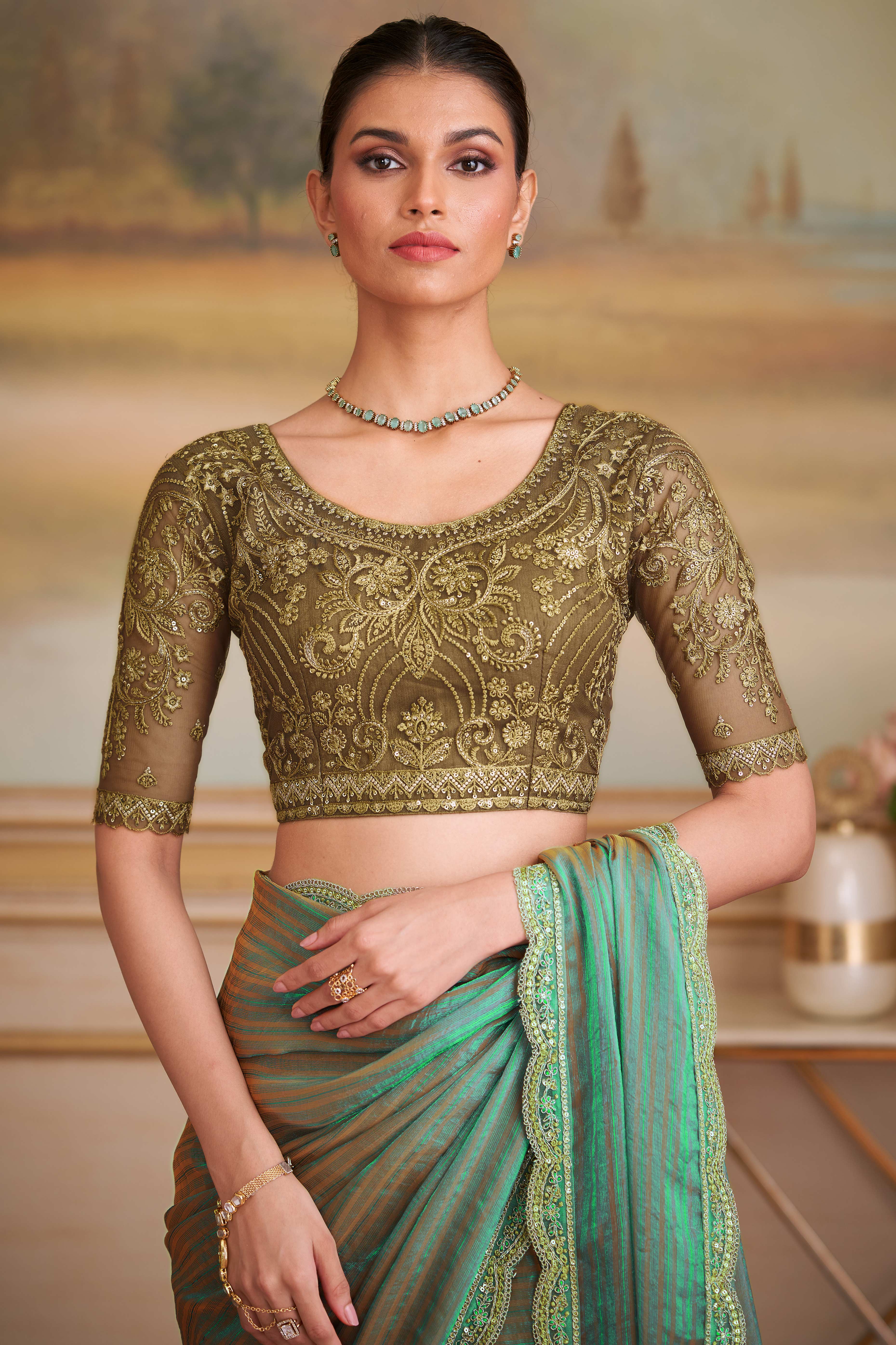 Charming Turquoise Striped Georgette Saree Featuring Floral Sequins Embroidered Lace Border