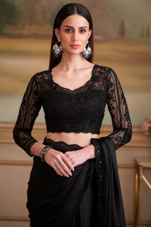Opulent Jet Black Solid Satin Chiffon Saree With Exquisite Floral Sequins Embroidered Lace Border