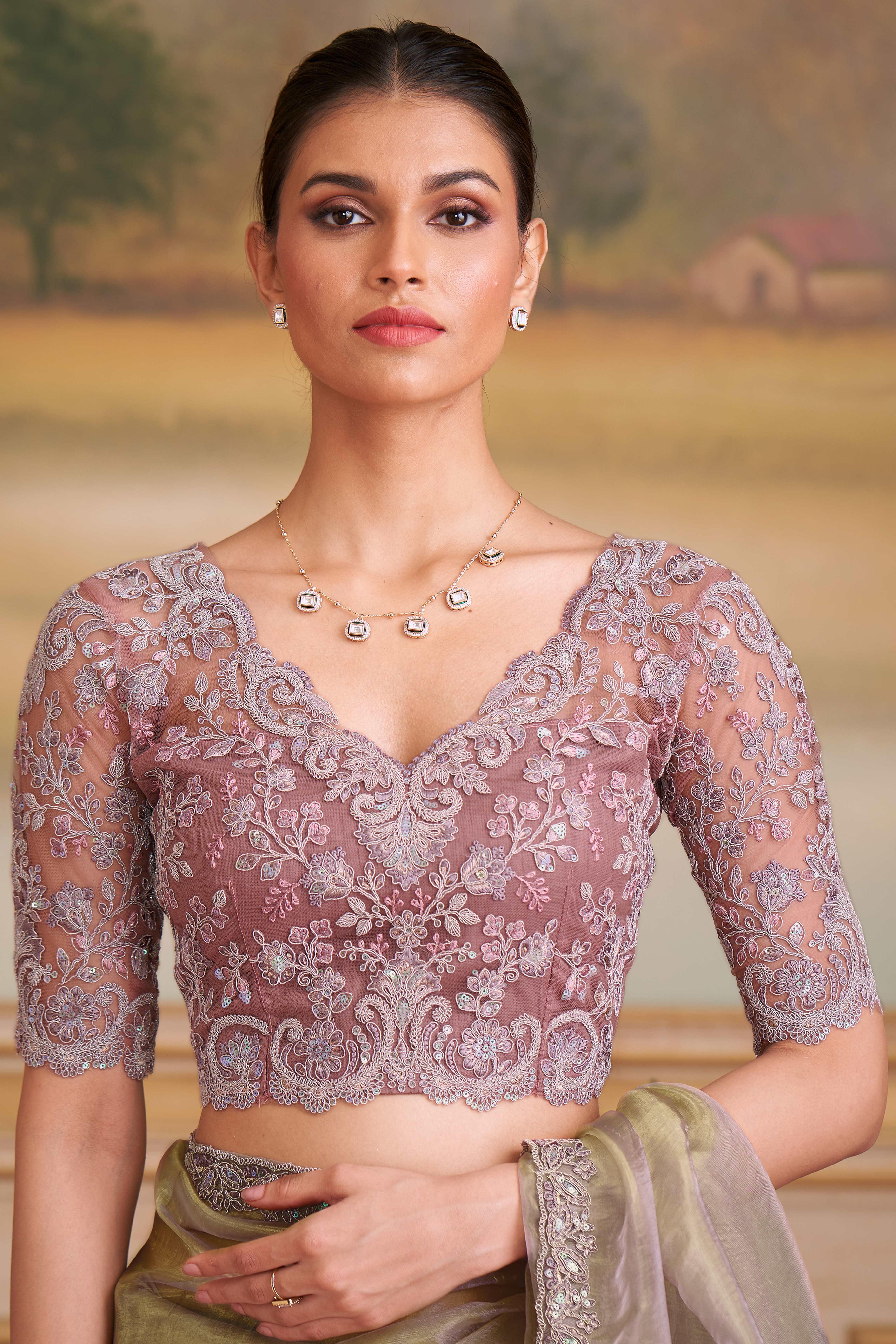 Elegant Beige Tissue Silk Saree Enhanced With Floral Sequins Embroidered Lace Border