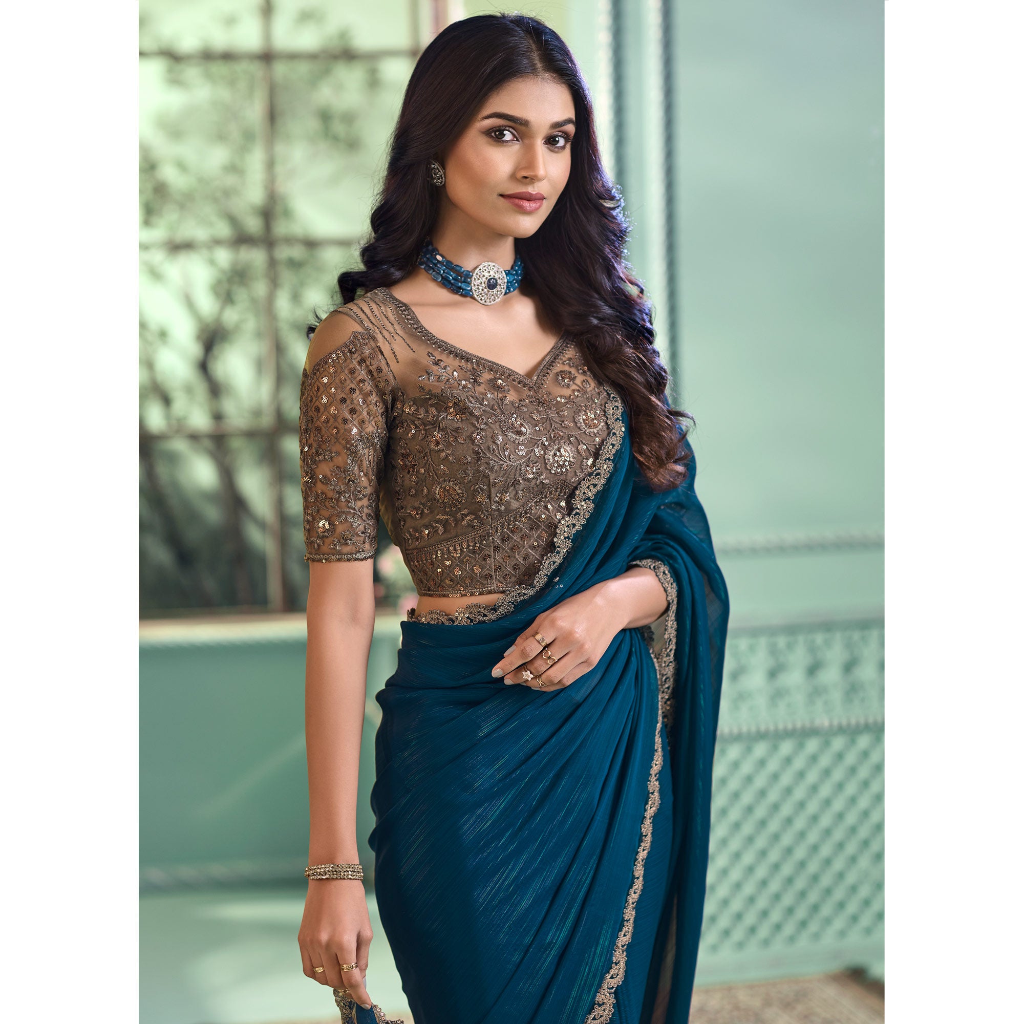 Teal Embroidered Georgette Designer Saree