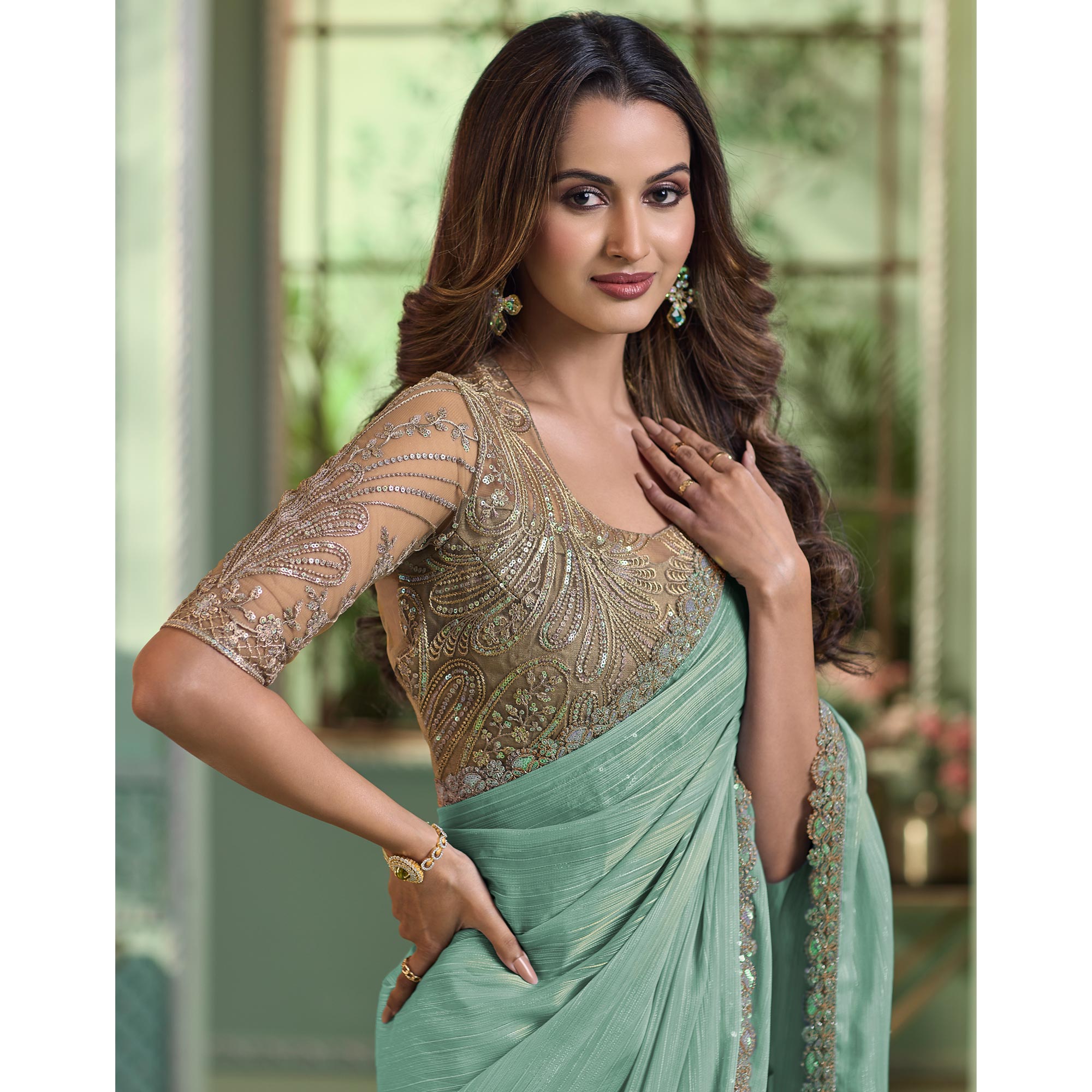 Sea Green Embroidered Chiffon Designer Saree