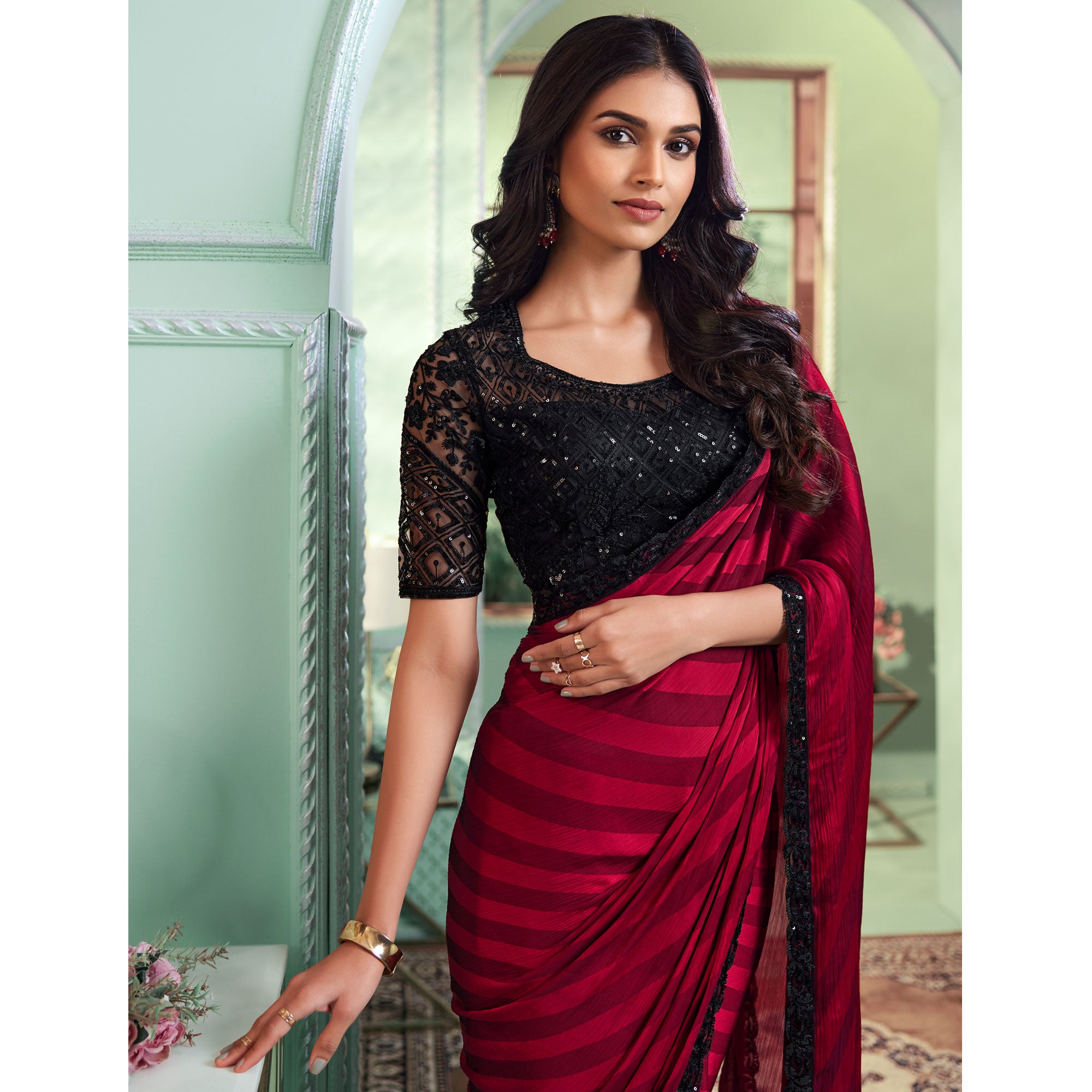 Magenta Embroidered Satin Designer Saree