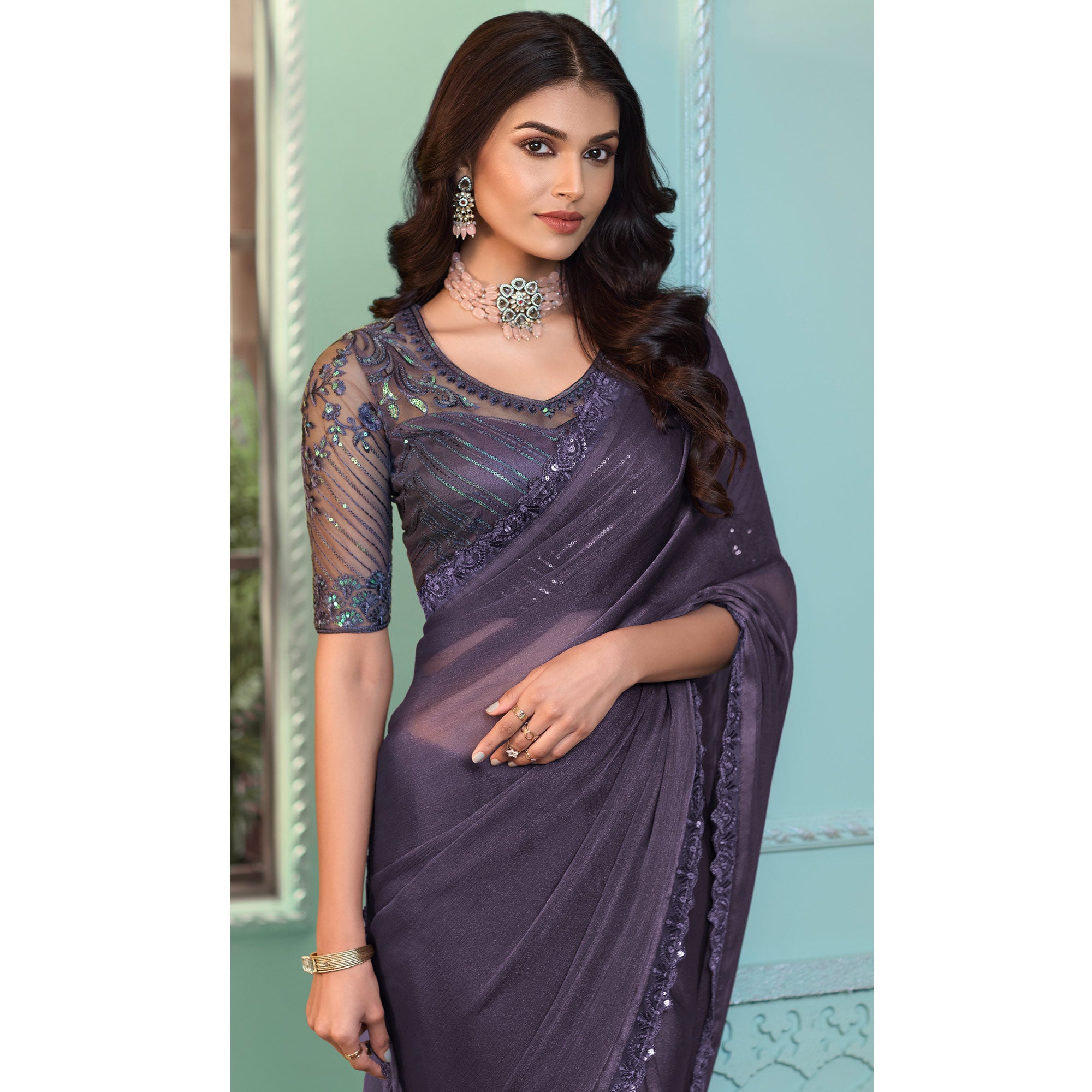 Purple Embroidered Georgette Designer Saree