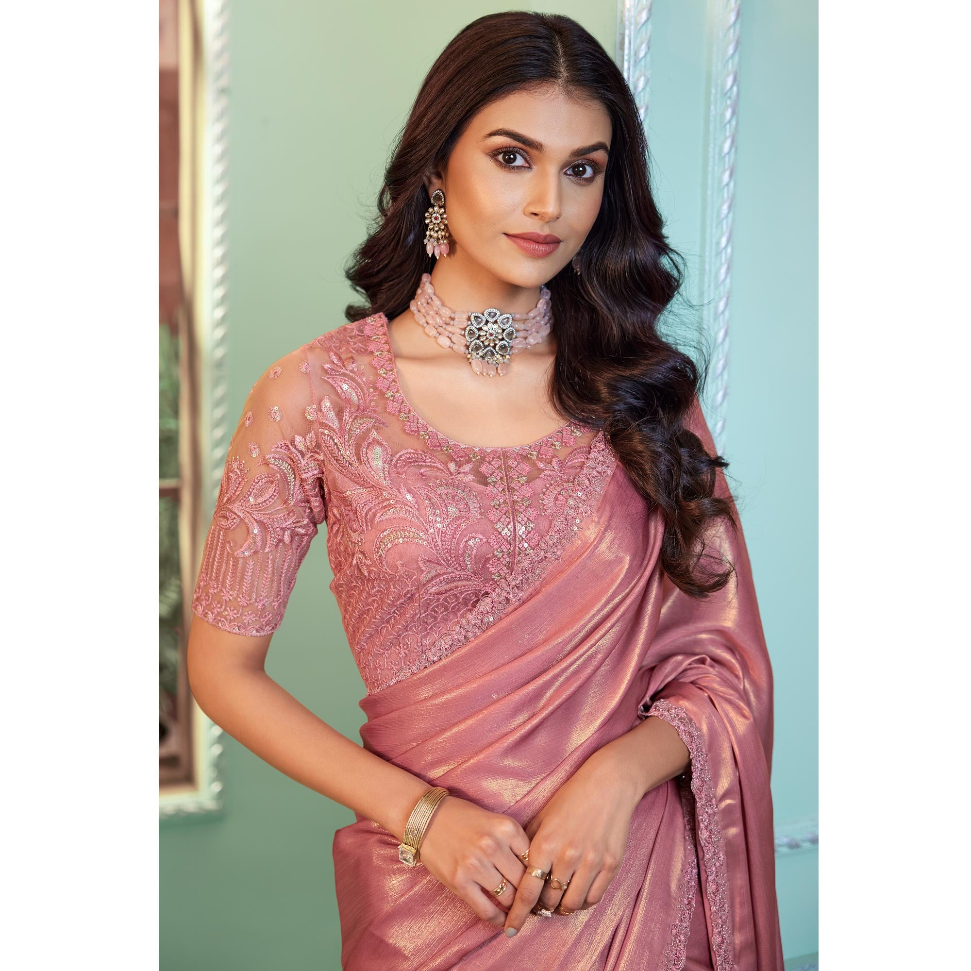 Dusty Peach Embroidered Georgette Designer Saree