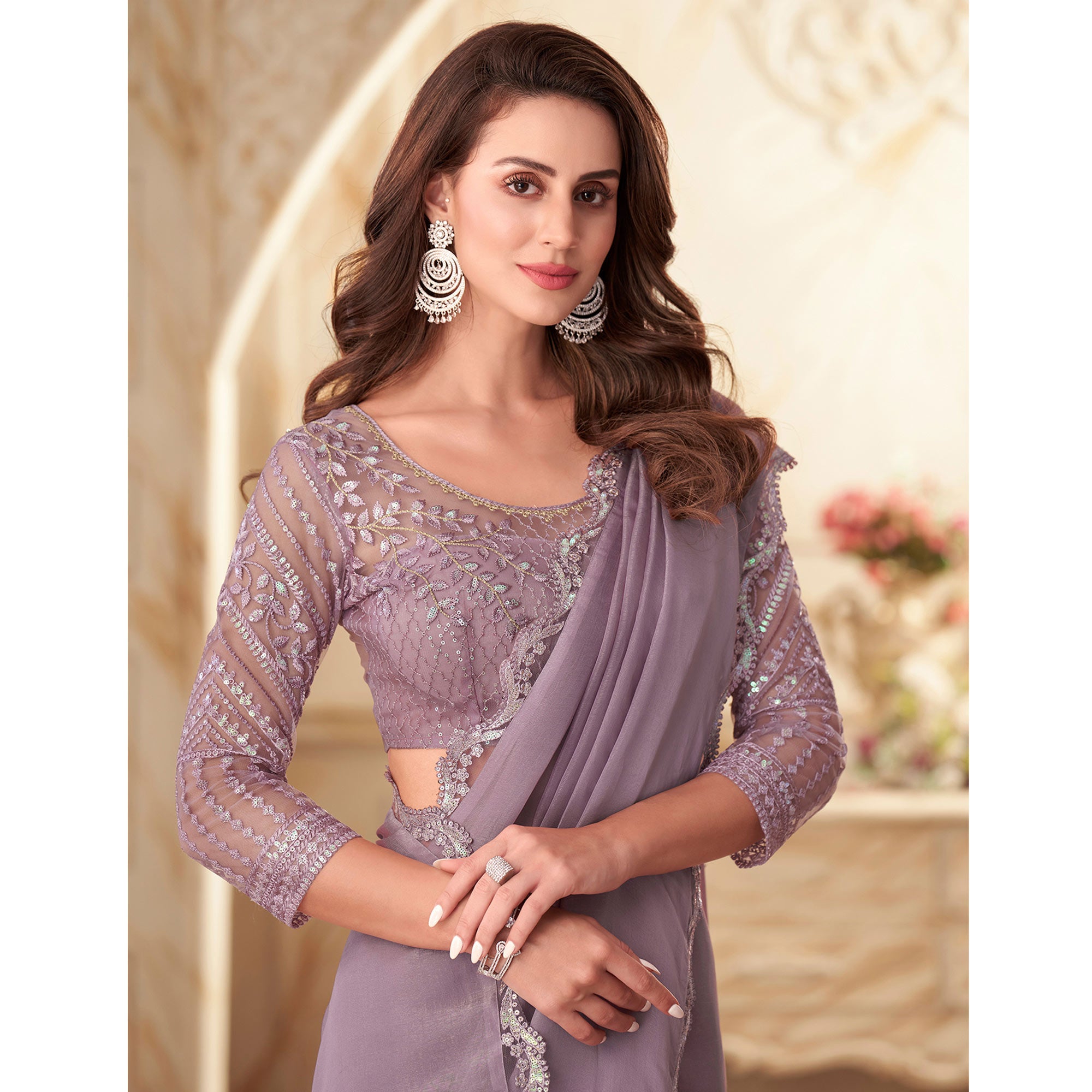 Lavender Sequins Embroidered Georgette Saree