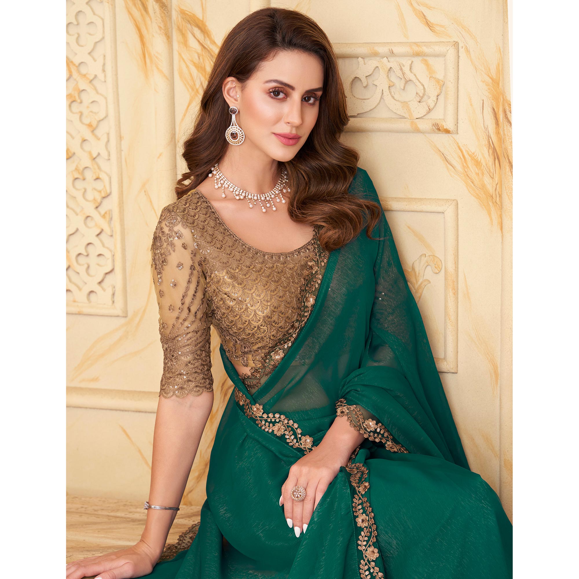 Green Sequins Embroidered Satin Silk Saree